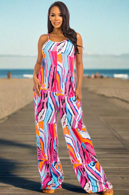 Women's Sleeveless Fuschia Print Palazzo Bottoms Jumpsuit