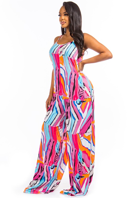 Women's Sleeveless Fuschia Print Palazzo Bottoms Jumpsuit