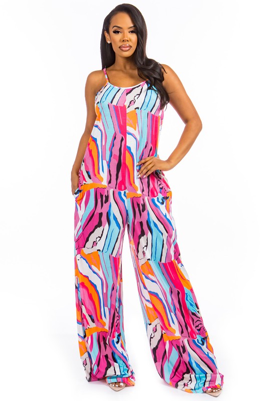 Women's Sleeveless Fuschia Print Palazzo Bottoms Jumpsuit