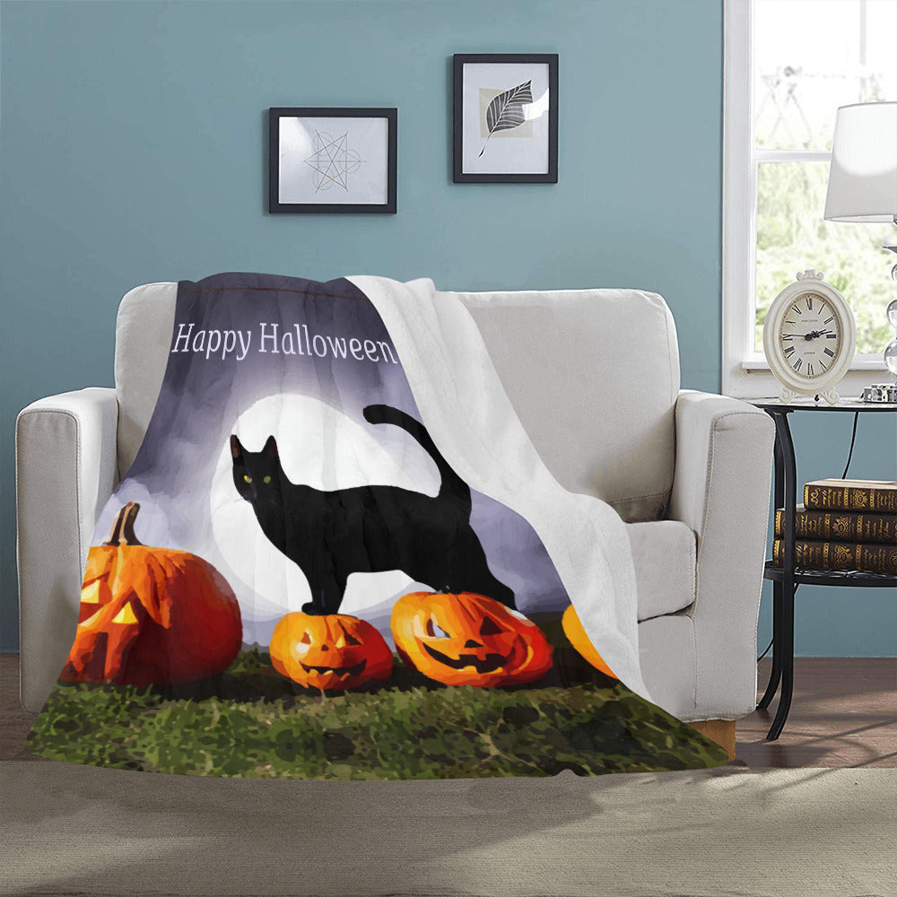 Halloween Black Cat on Orange Pumpkins Ultra Soft Blanket 43