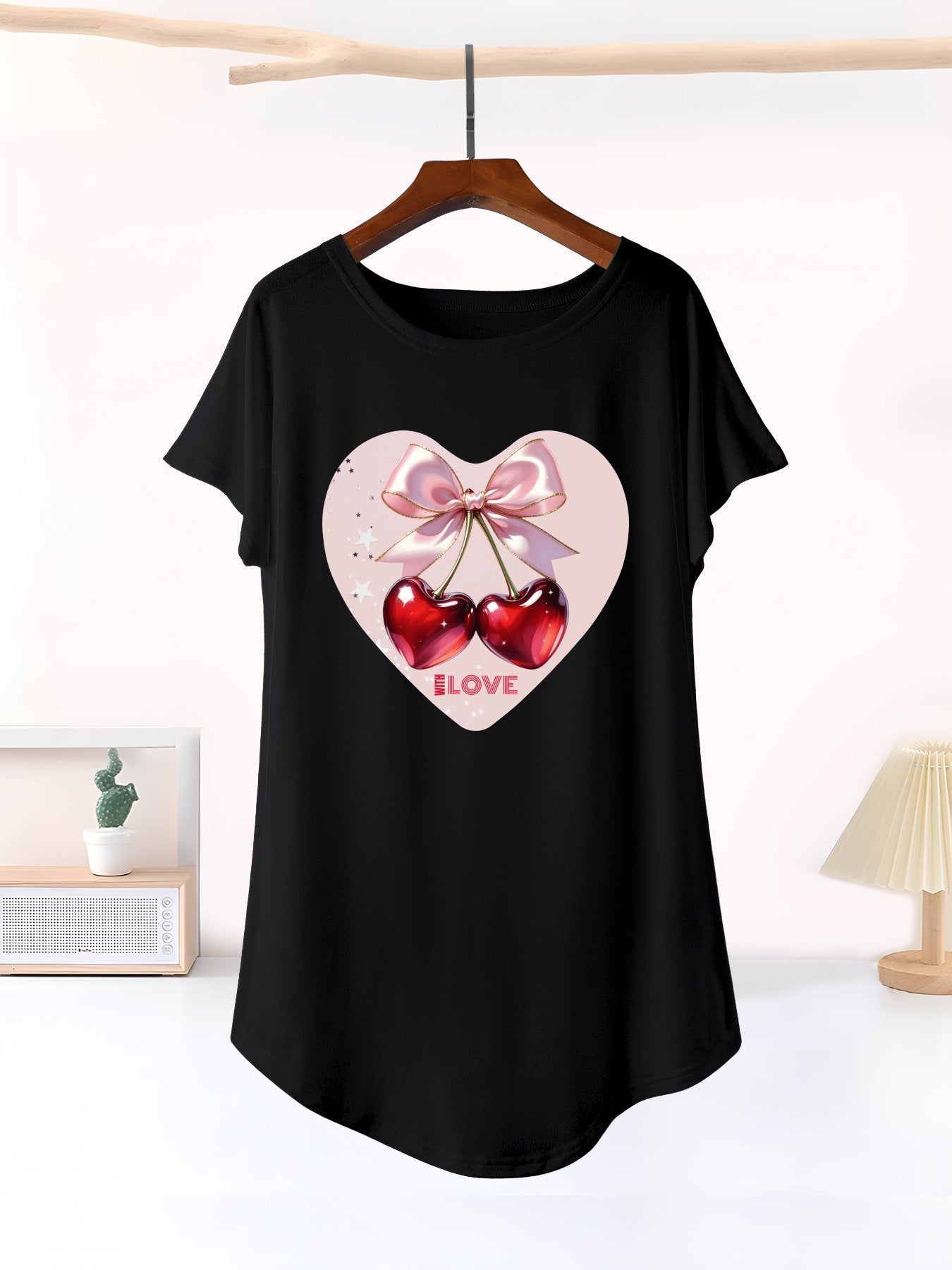 Red Cherries in Pink Heart Women's Short Sleeve Night Dress (Made in USA)