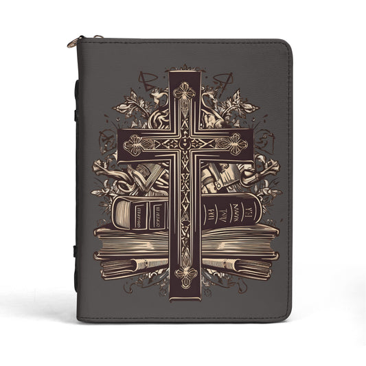 Brown Cross Printed PU Leather Bible Cover With Pocket (M - 2XL)