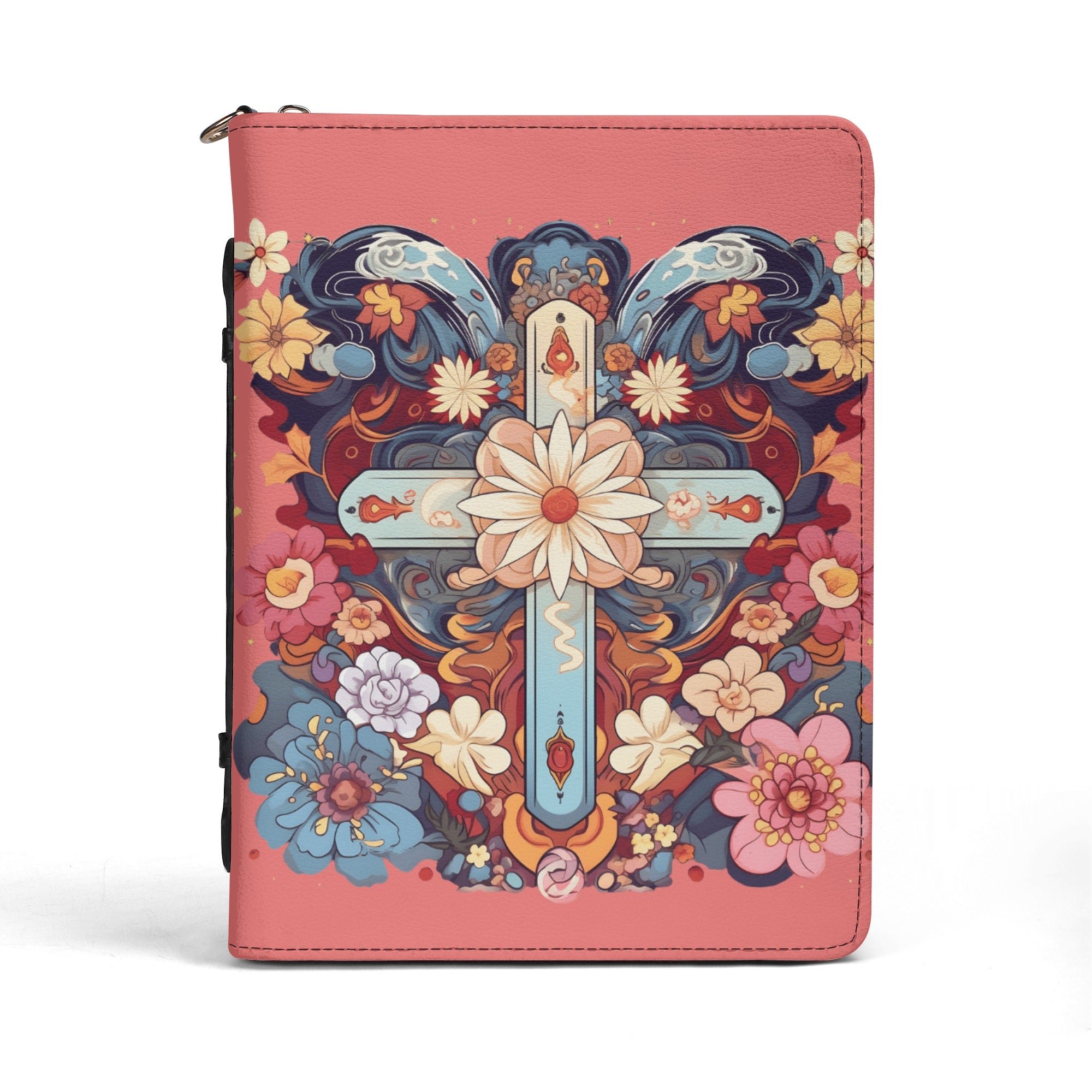 Pink Cross Printed PU Leather Bible Cover With Pocket (M - 2XL)