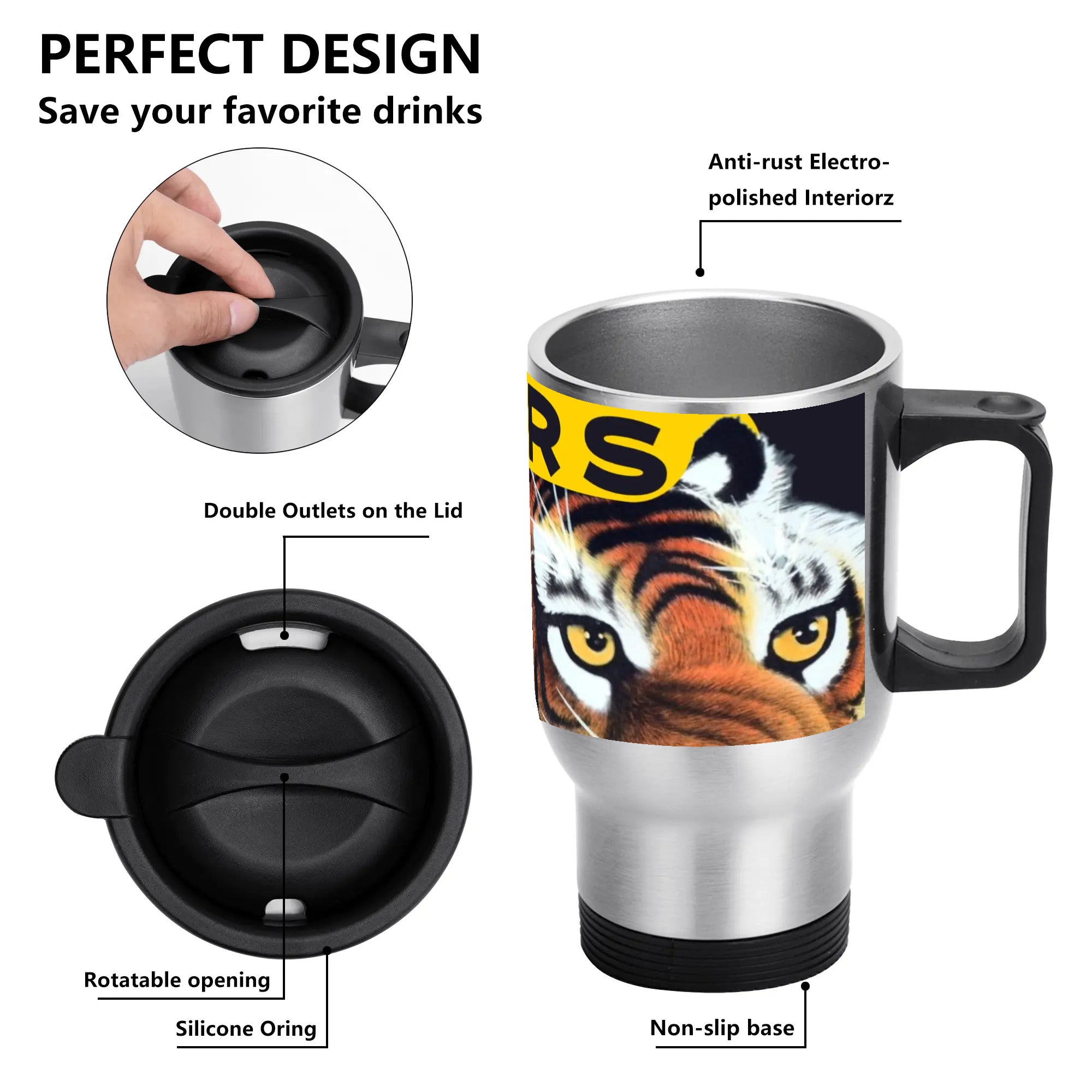 Tigers Fan Stainless Steel Travel Coffee Mug - 14 oz