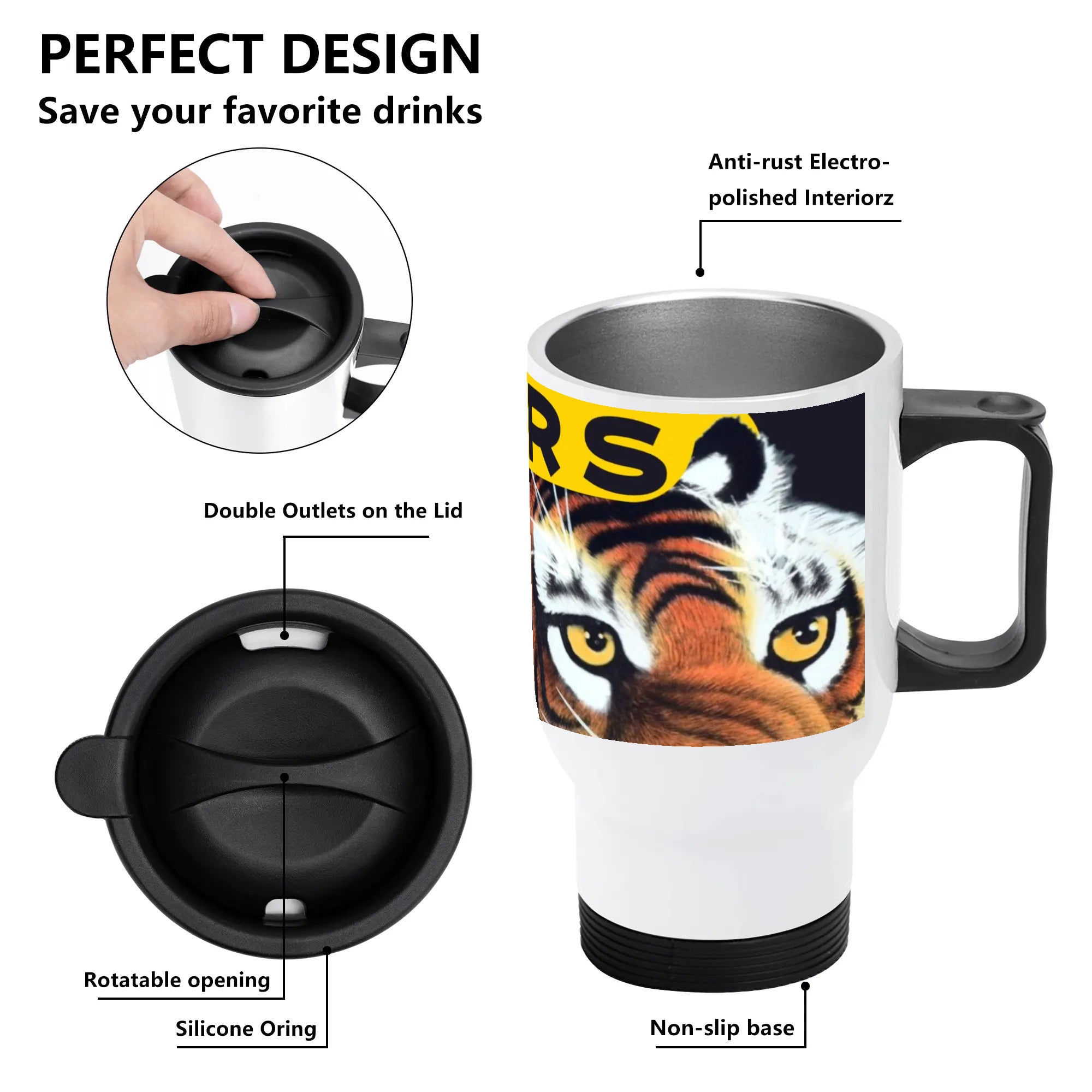 Tigers Fan Stainless Steel Travel Coffee Mug - 14 oz