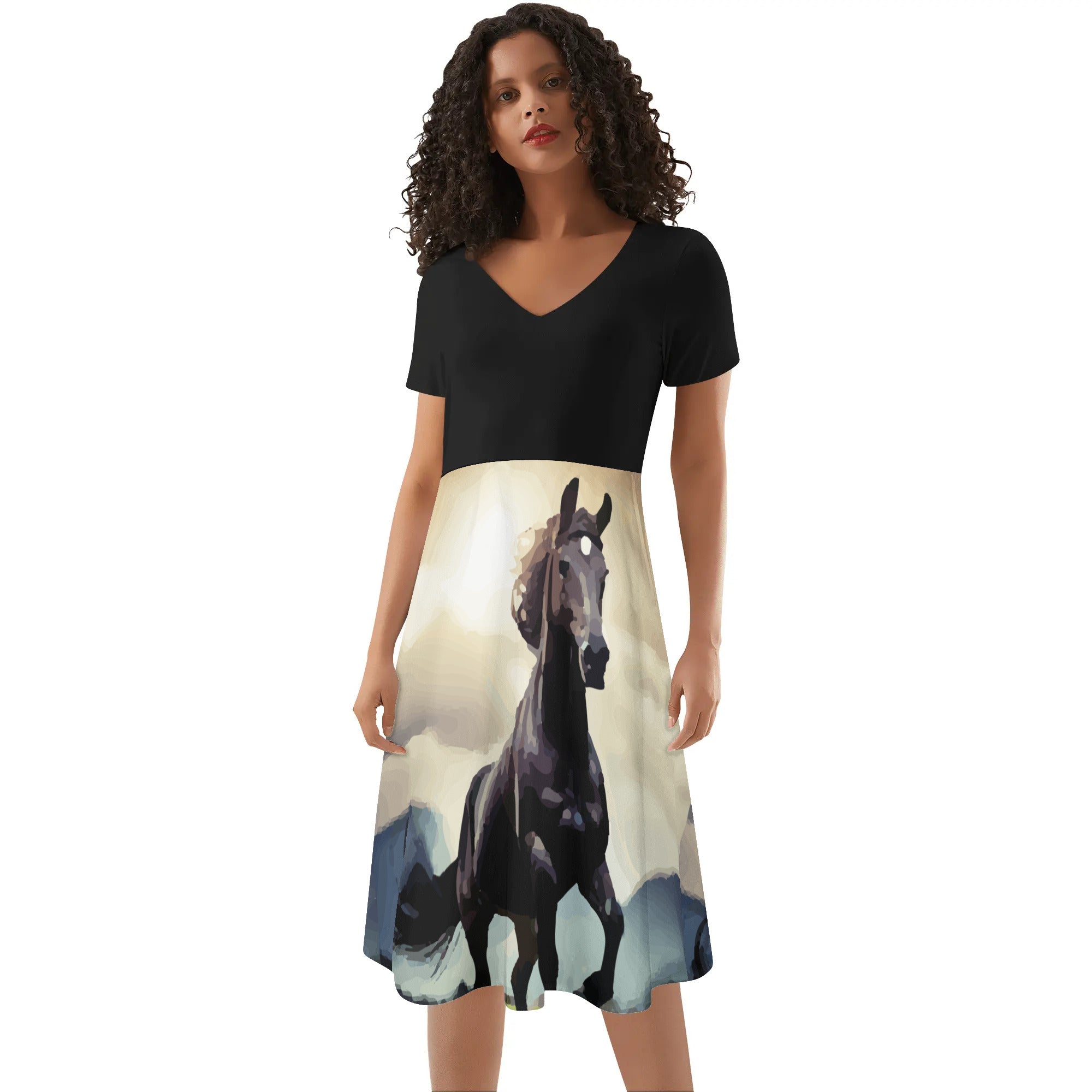 Women's Wild Black Horse Black Top Ruffle Summer Dress