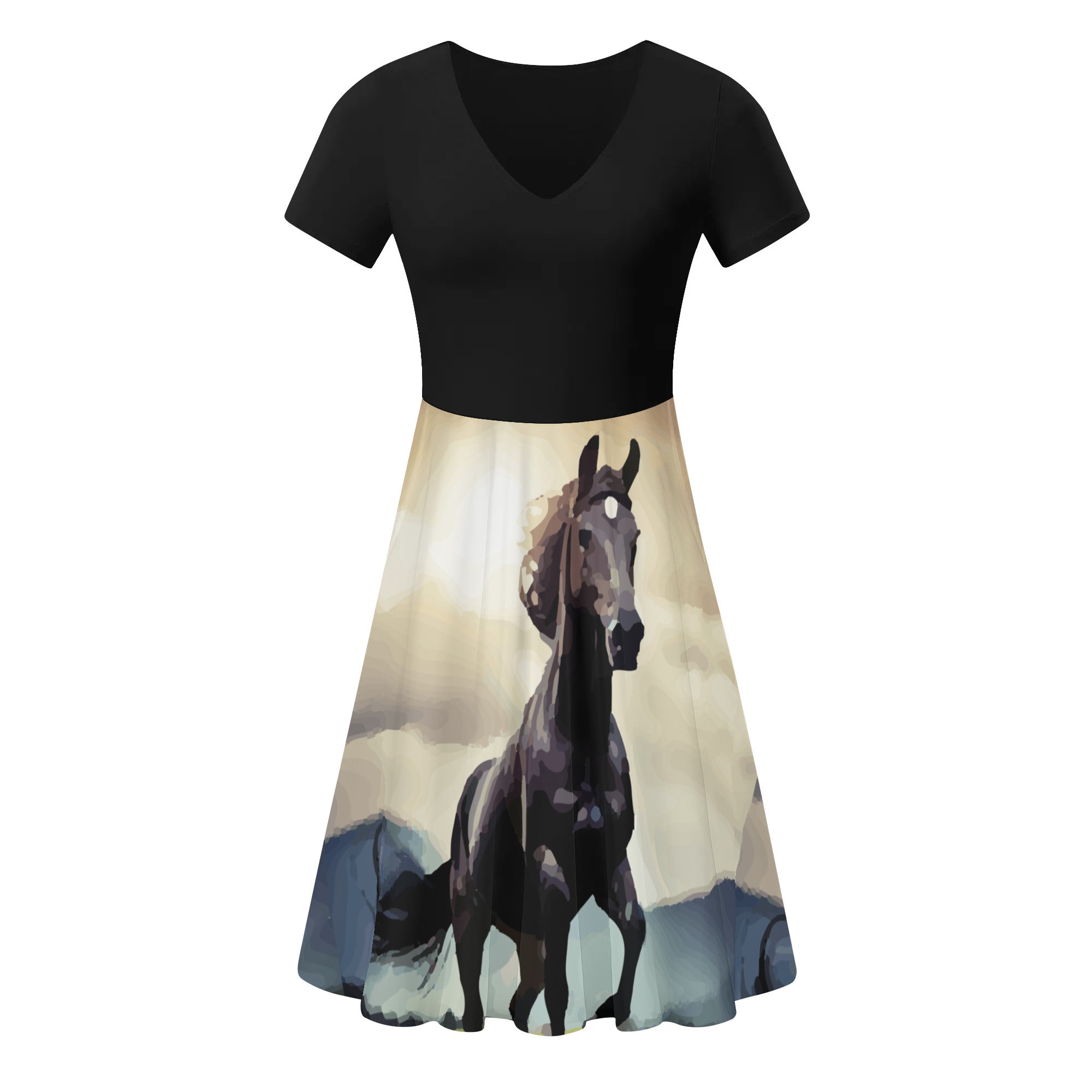 Women's Wild Black Horse Black Top Ruffle Summer Dress