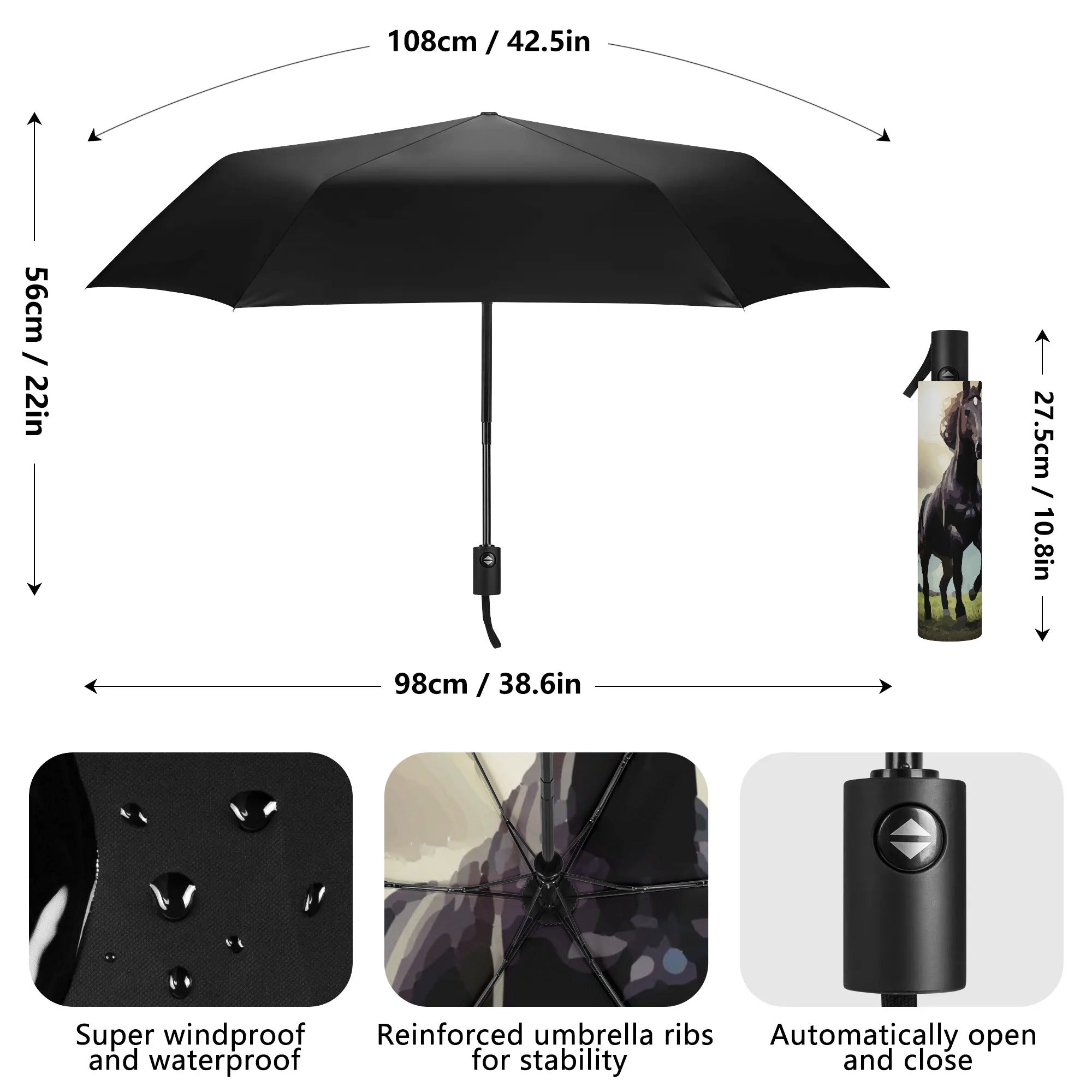 Wild Black Horse Fully Automatic Umbrella with Design Inside