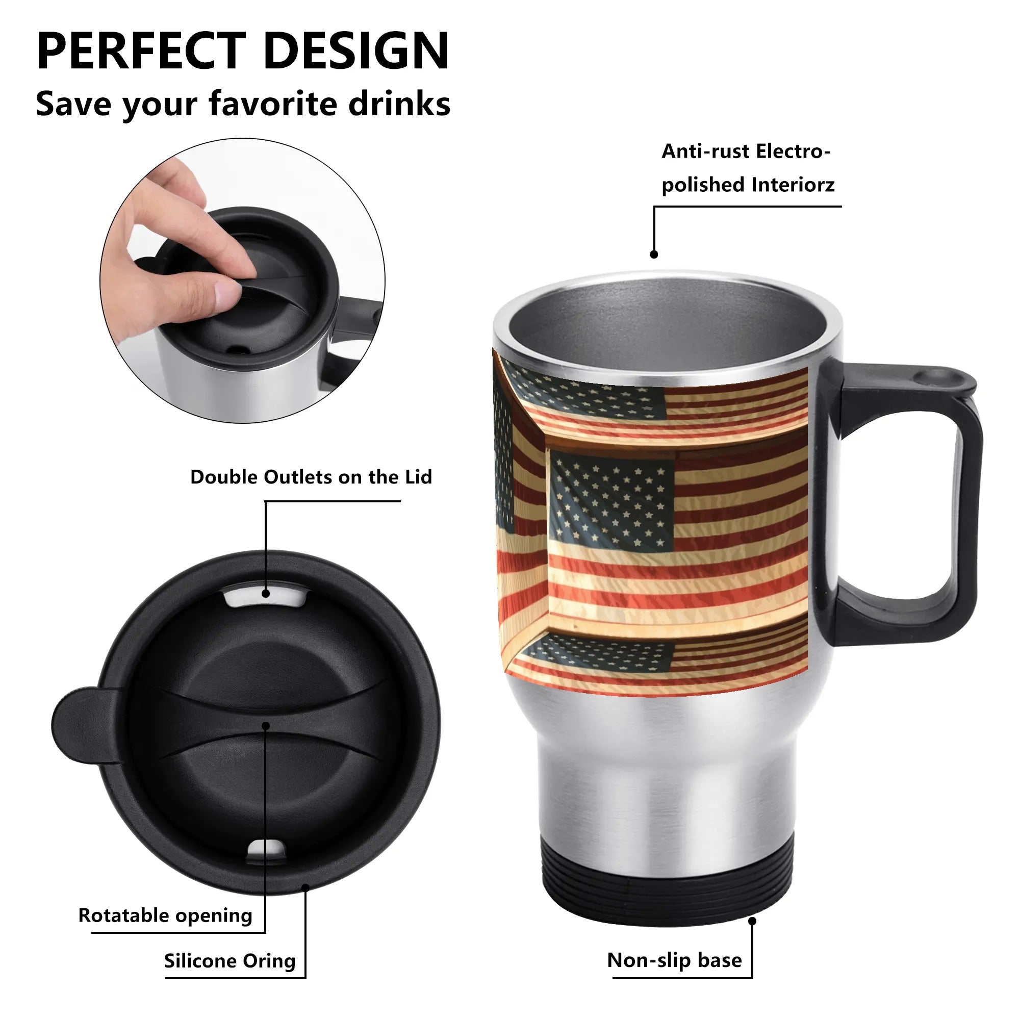 3D Illusion American Flag Stainless Steel Travel Coffee Mug - 14 oz