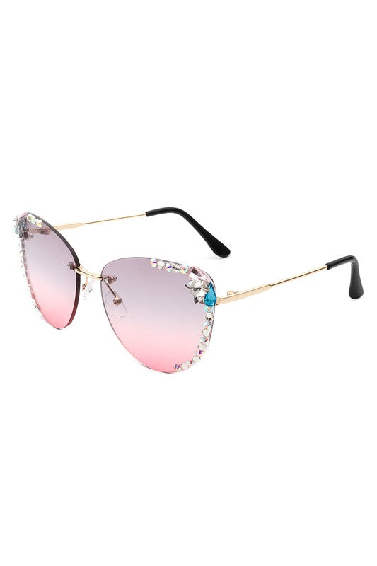 Gafas de sol estilo ojo de gato sin montura con diamantes de imitación para mujer