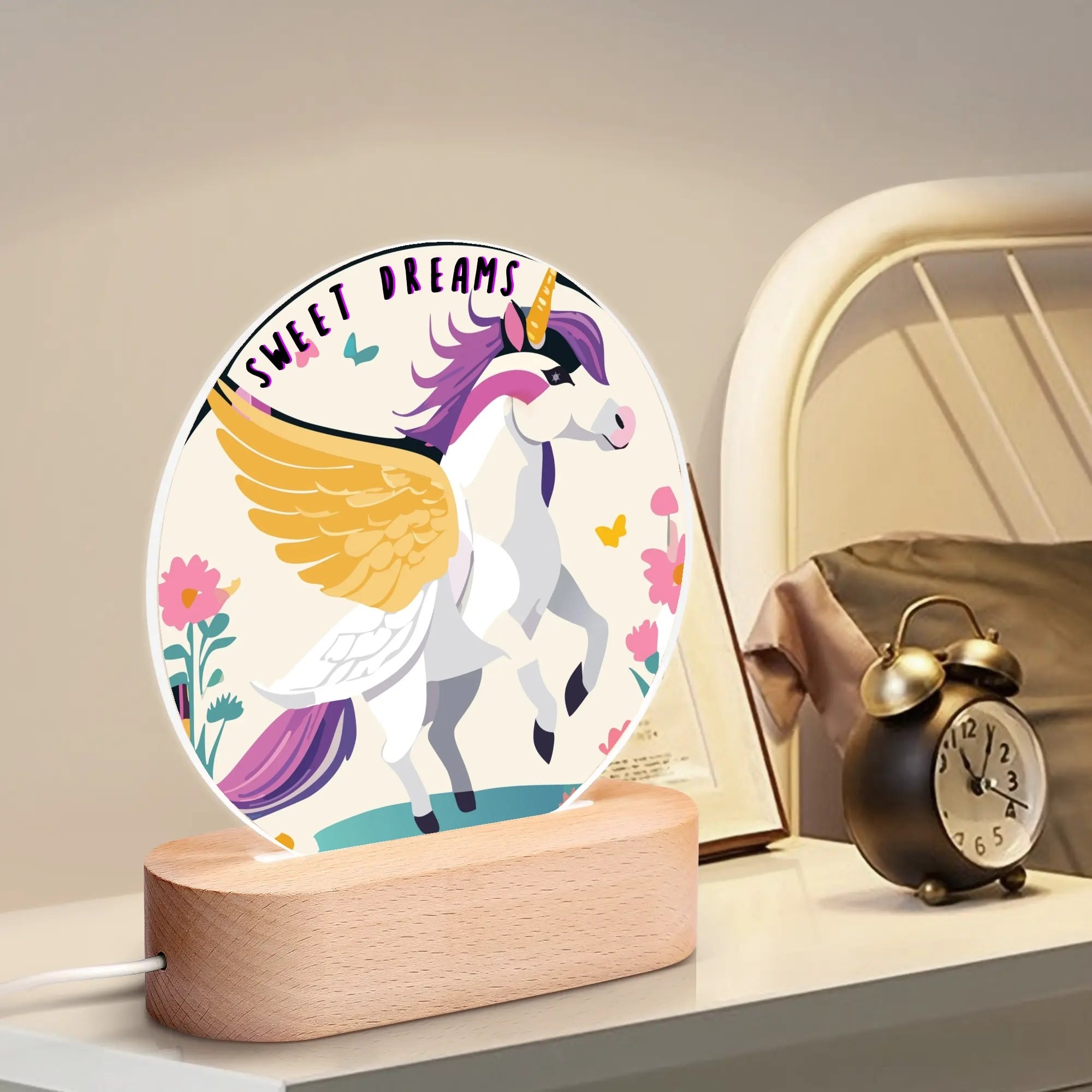 Winged Unicorn Acrylic Round Lamp Night Light Home Decor