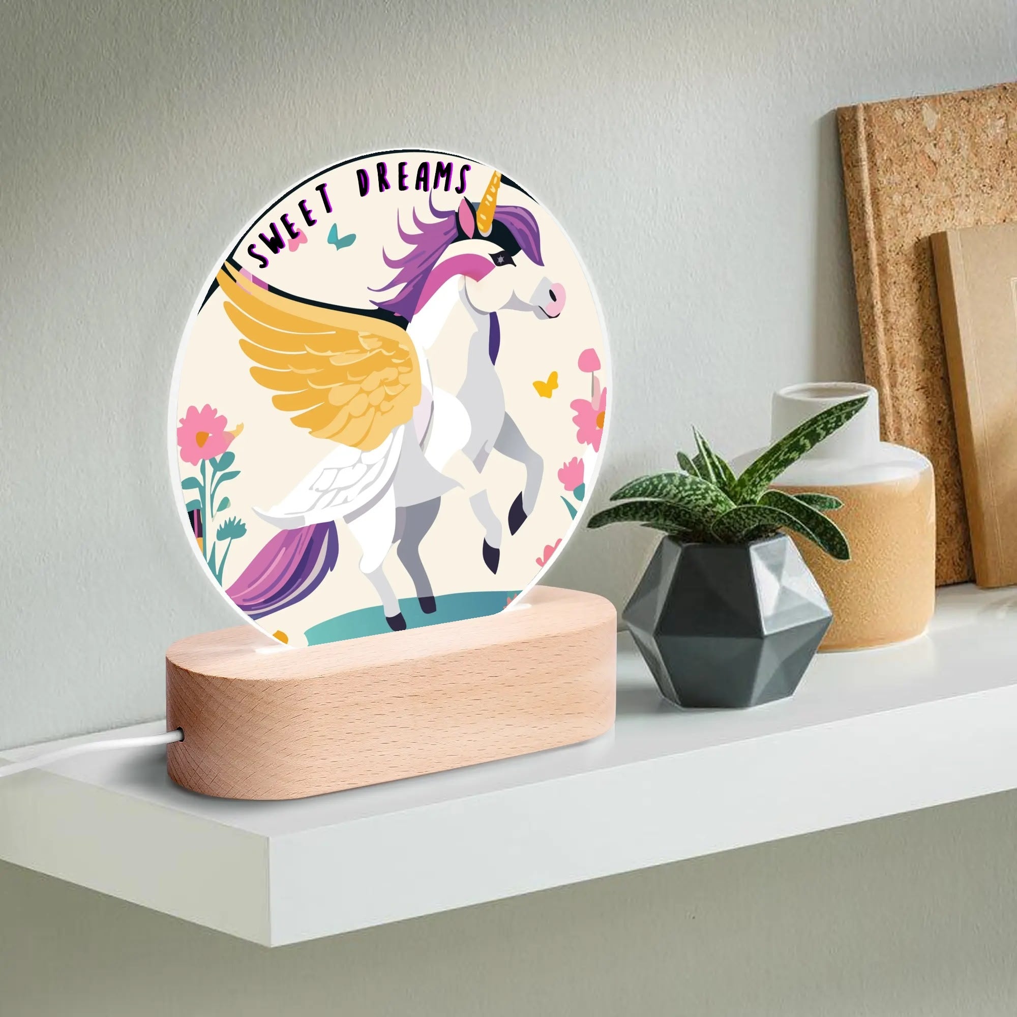 Winged Unicorn Acrylic Round Lamp Night Light Home Decor