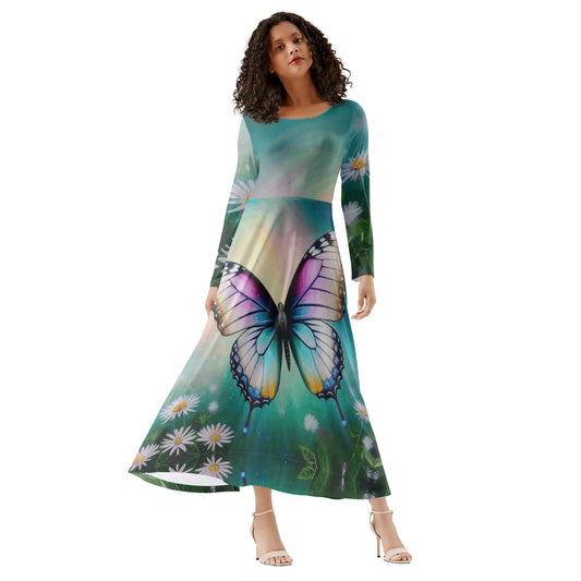 Womens Beautiful Butterfly Long Sleeve Flowy Maxi Dress