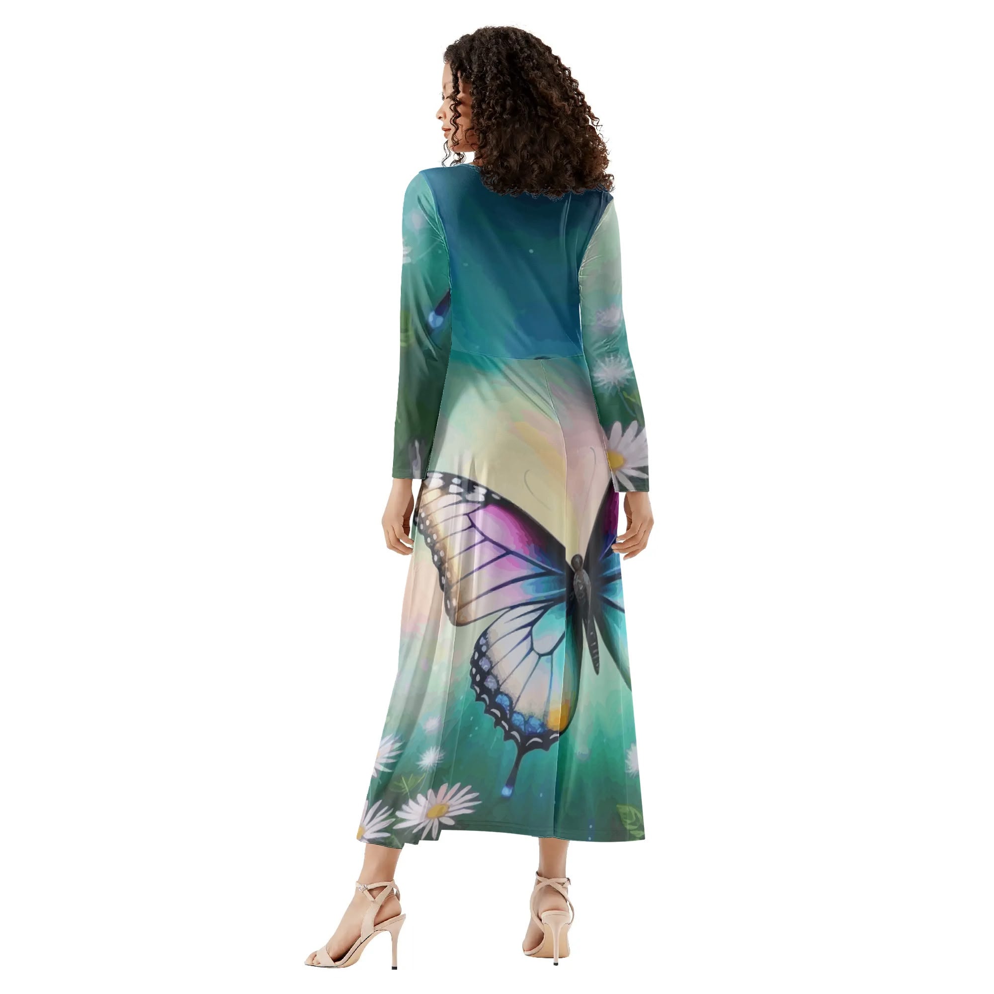 Womens Beautiful Butterfly Long Sleeve Flowy Maxi Dress