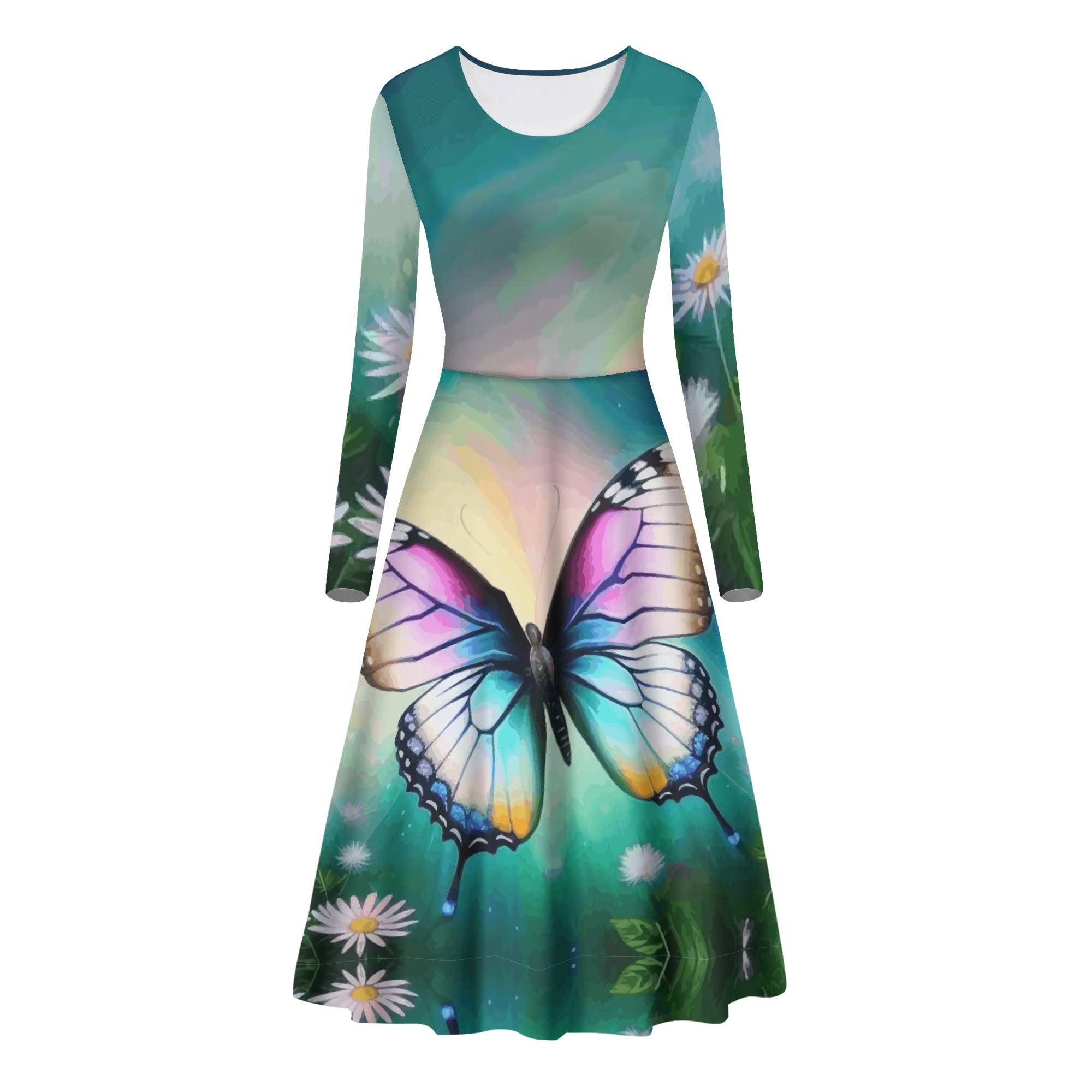 Womens Beautiful Butterfly Long Sleeve Flowy Maxi Dress