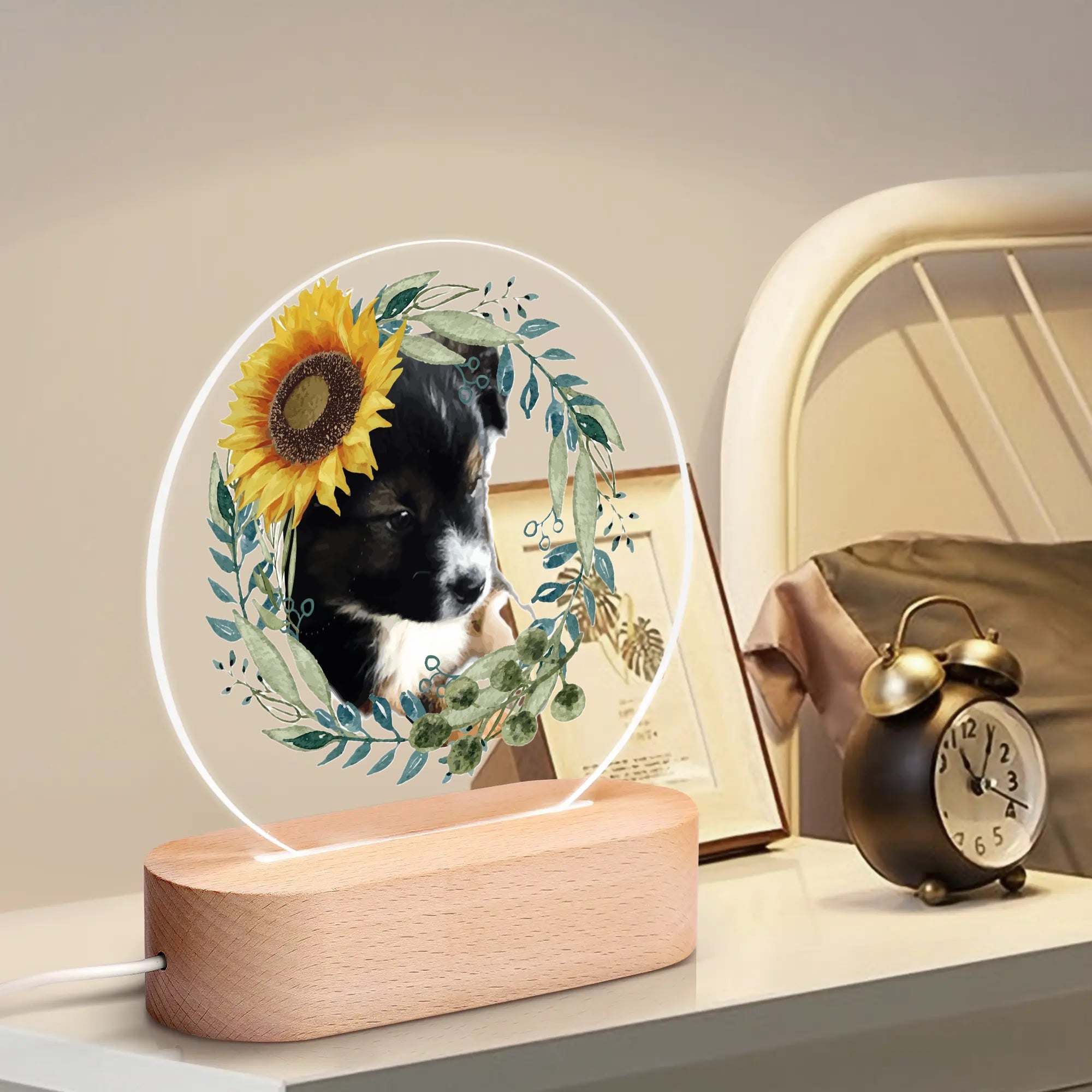 Cute Black Puppy Acrylic Round Lamp Night Light Home Decor