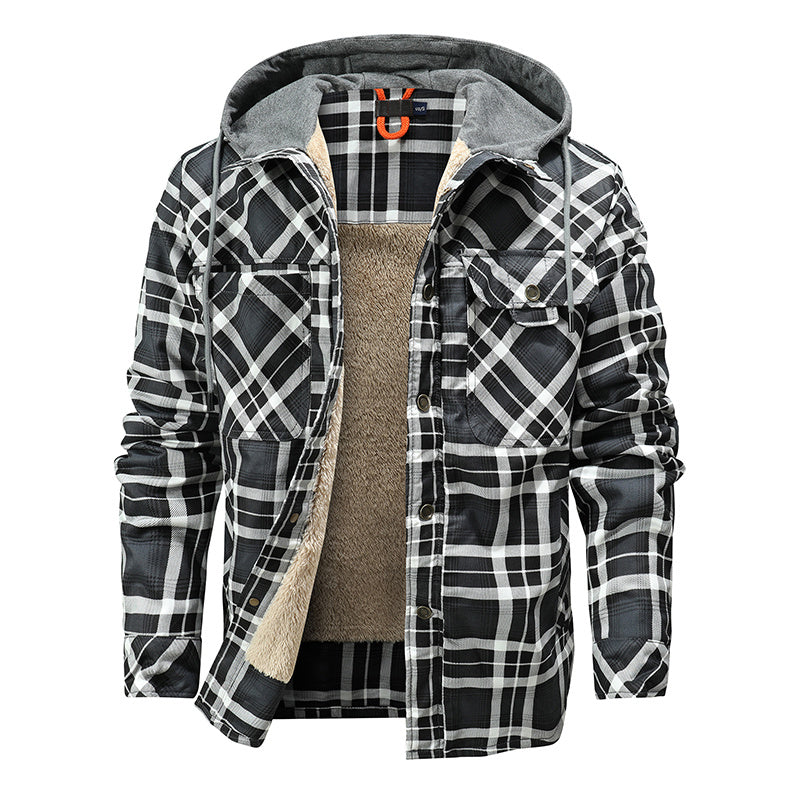 Men's Warm Fleece Lining Plaid Hooded Jacket