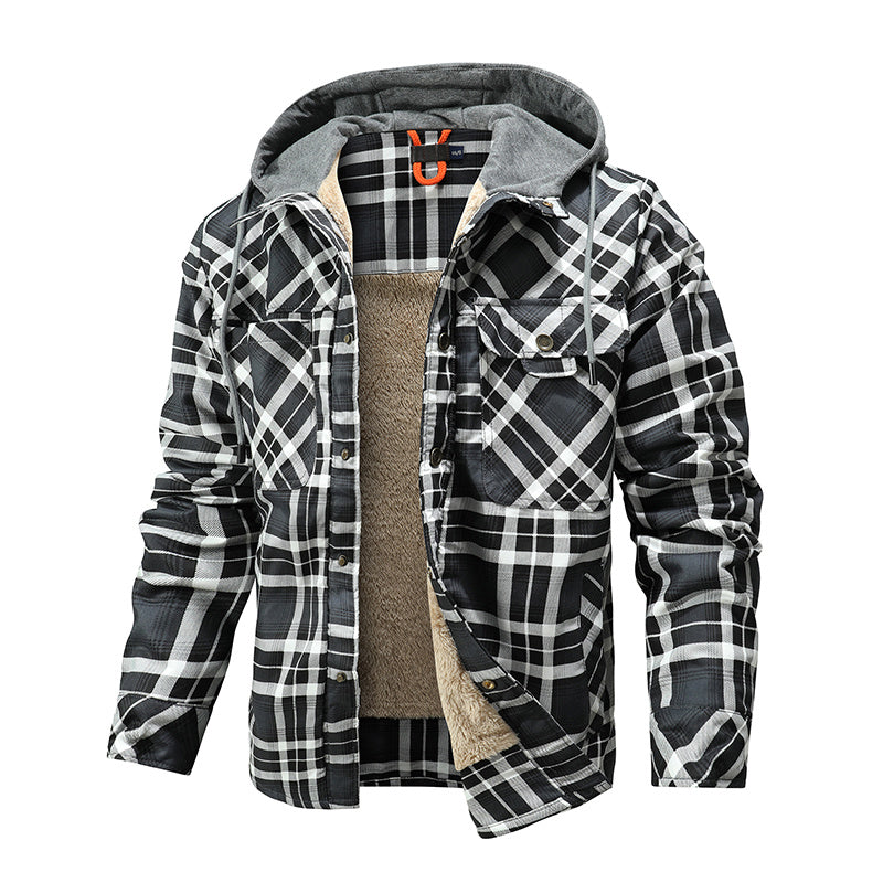 Men's Warm Fleece Lining Plaid Hooded Jacket