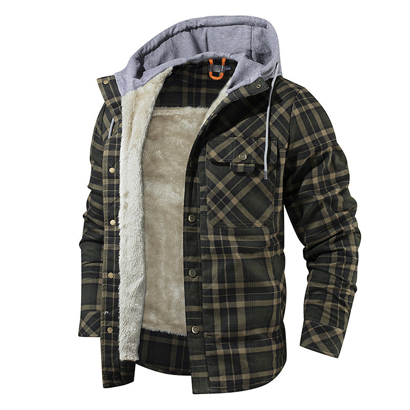 Men's Warm Fleece Lining Plaid Hooded Jacket