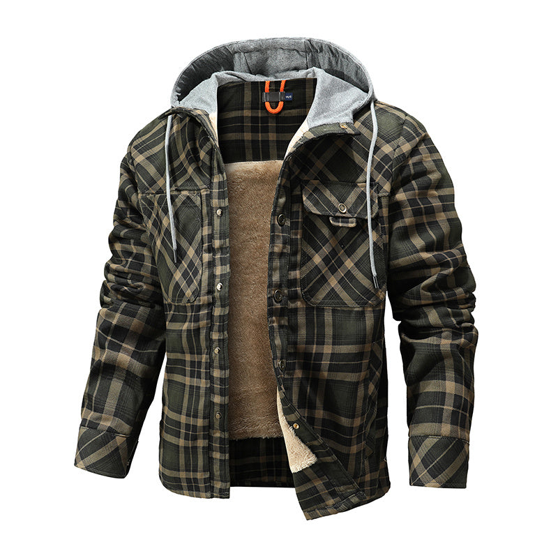 Men's Warm Fleece Lining Plaid Hooded Jacket