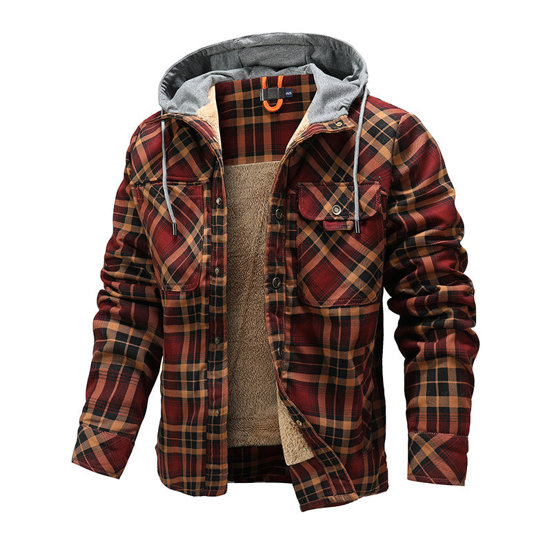 Men's Warm Fleece Lining Plaid Hooded Jacket