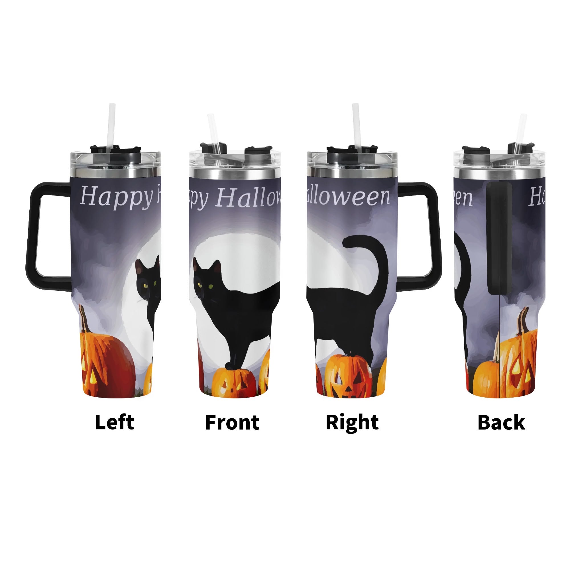 Happy Halloween Black Cat 40oz Stainless Steel Tumbler with Handle & Straw