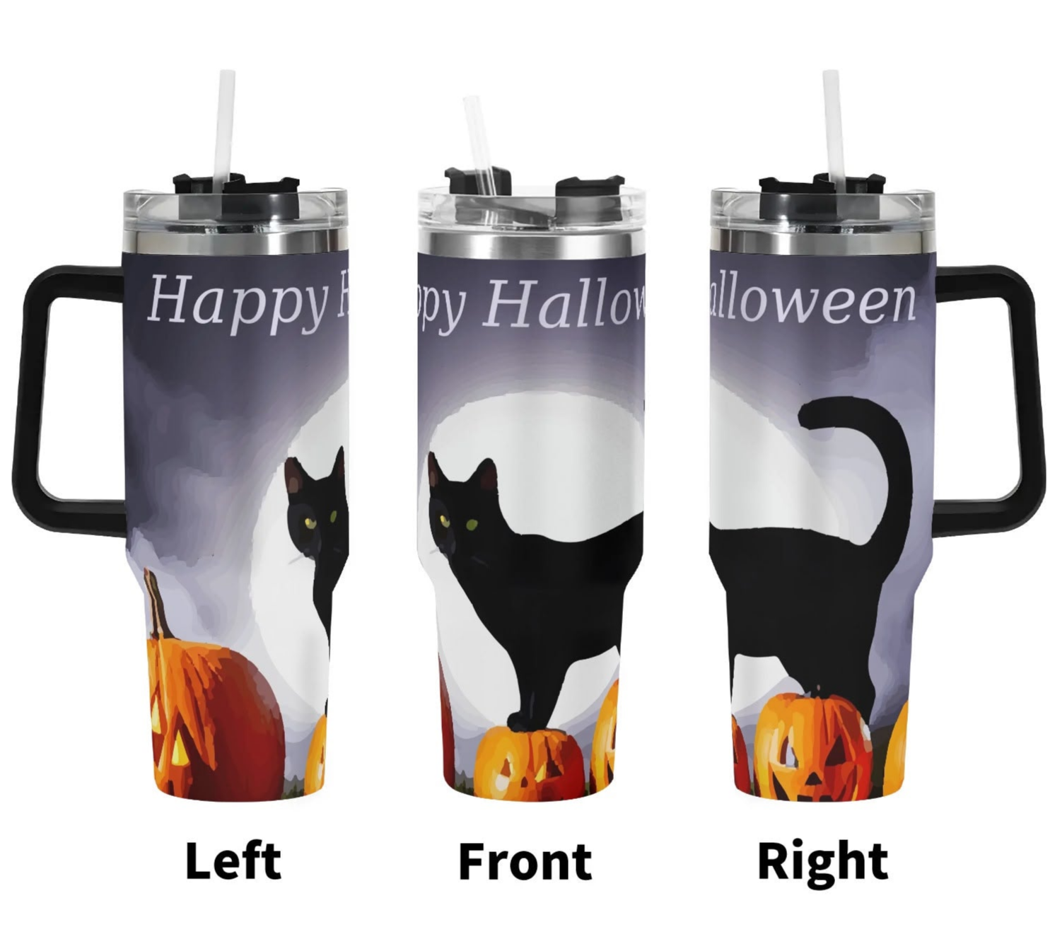 Happy Halloween Black Cat 40oz Stainless Steel Tumbler with Handle & Straw