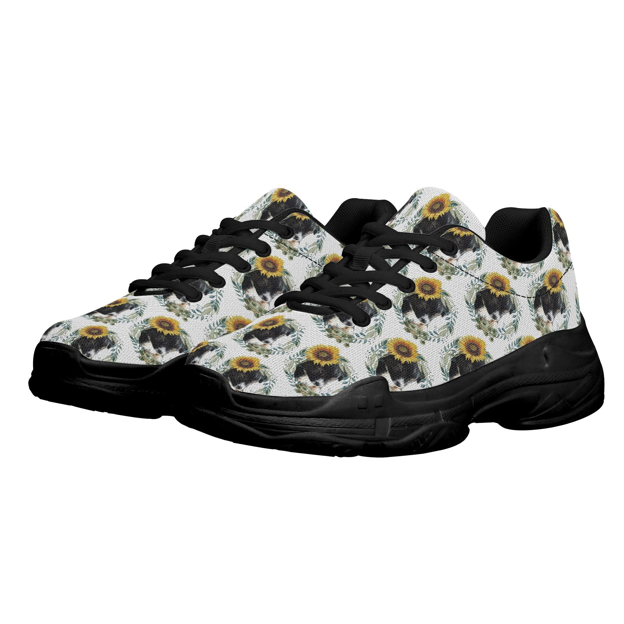 Womens Cute Black Puppy with Sunflowers Chunky Sneakers