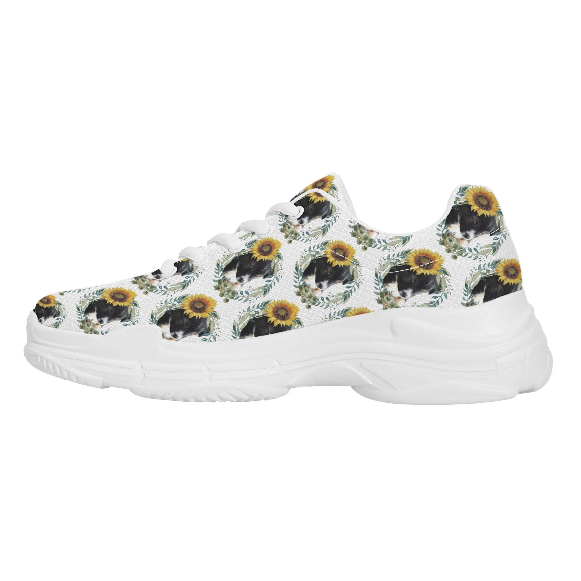 Womens Cute Black Puppy with Sunflowers Chunky Sneakers