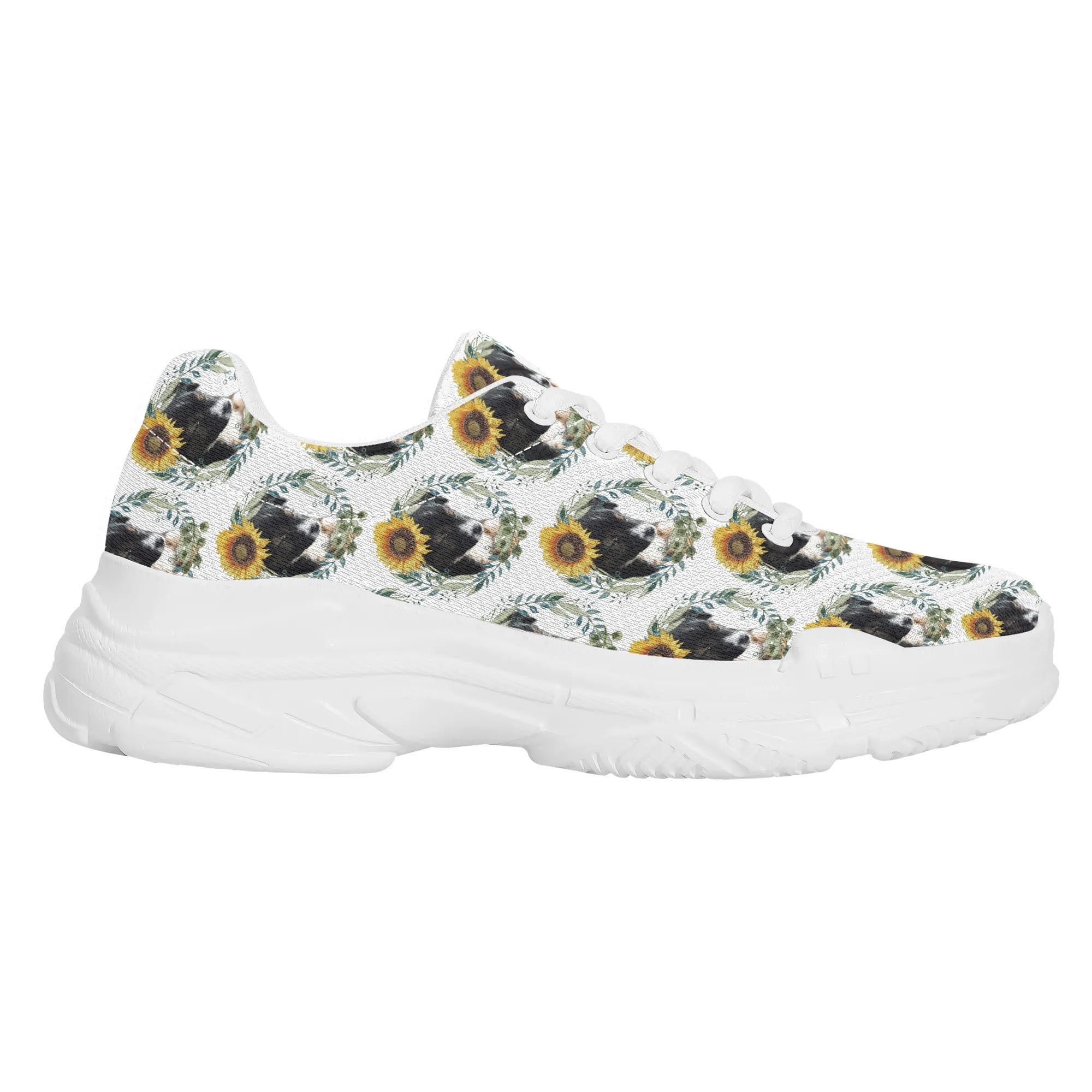 Womens Cute Black Puppy with Sunflowers Chunky Sneakers