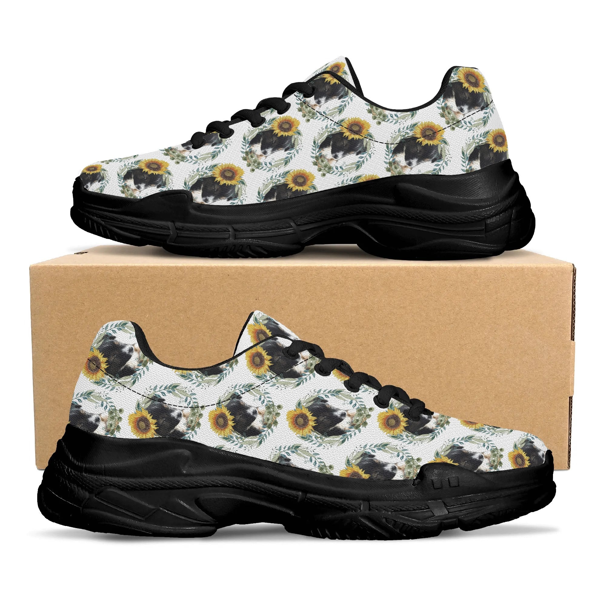 Womens Cute Black Puppy with Sunflowers Chunky Sneakers