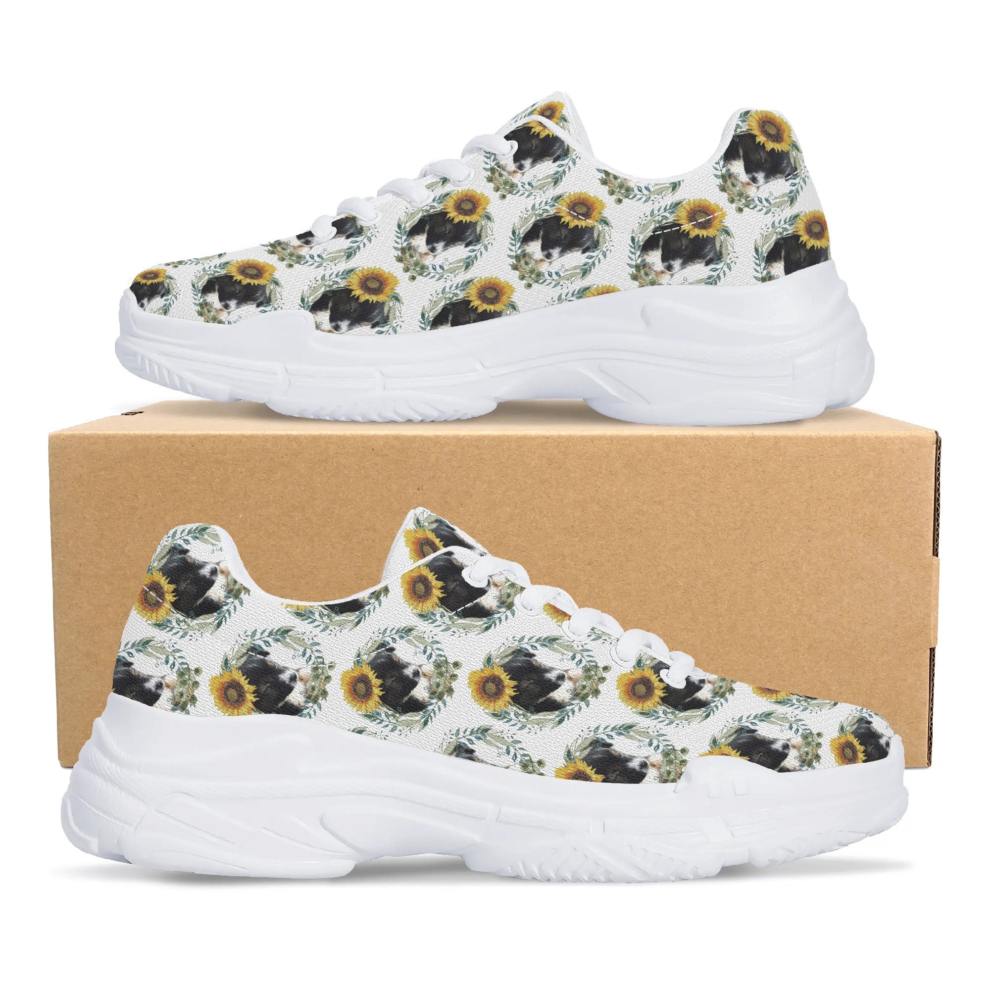 Womens Cute Black Puppy with Sunflowers Chunky Sneakers