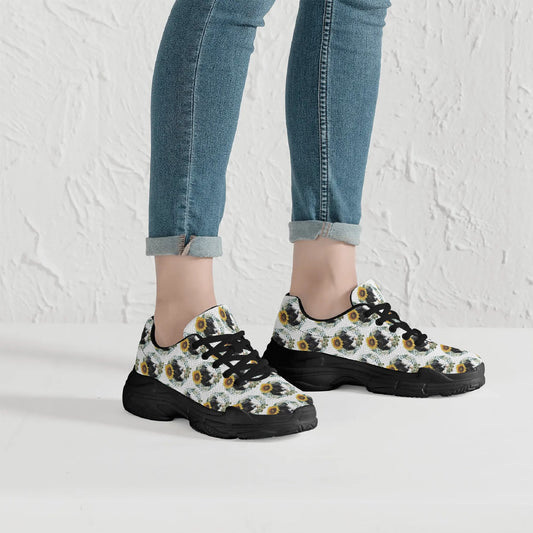 Womens Cute Black Puppy with Sunflowers Chunky Sneakers