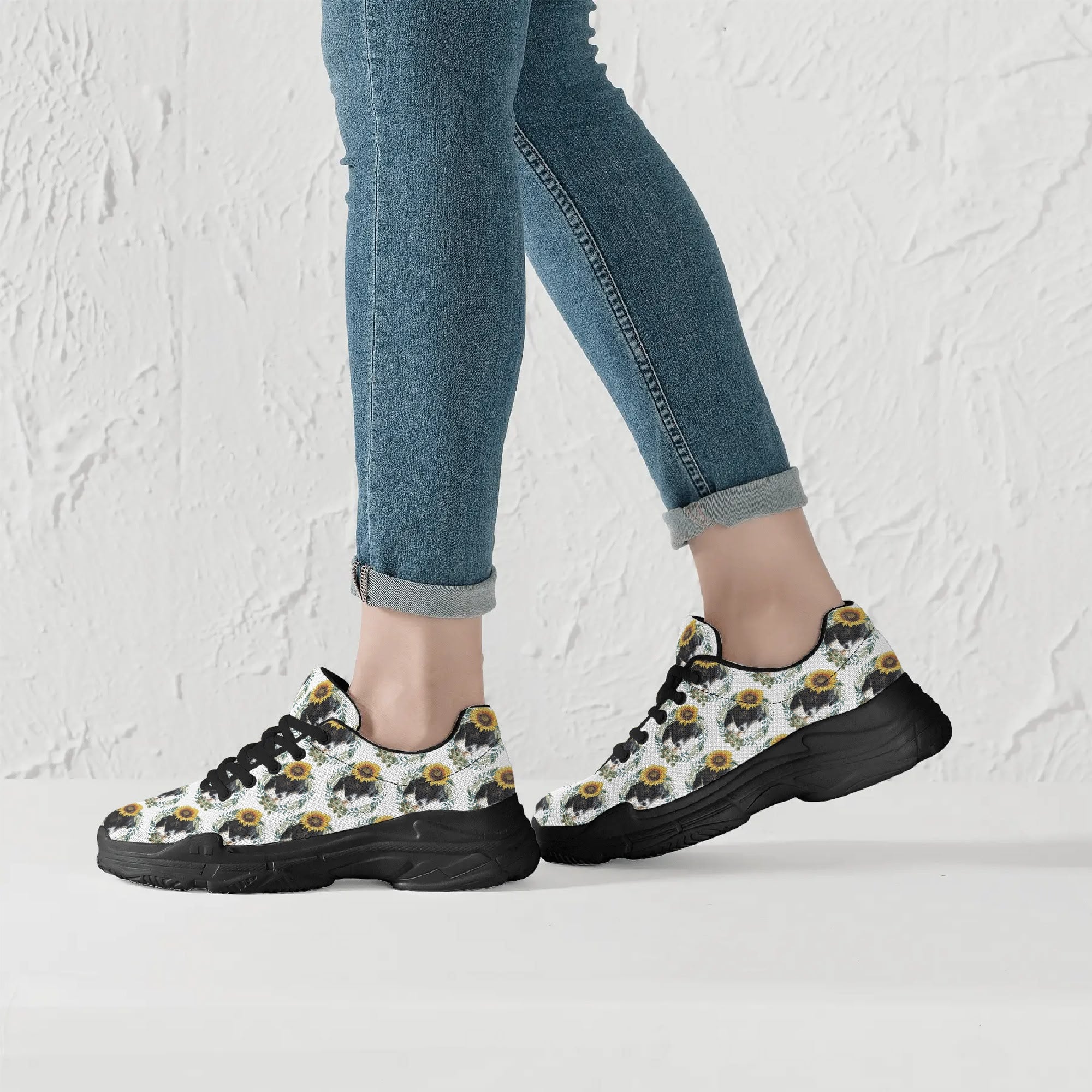 Womens Cute Black Puppy with Sunflowers Chunky Sneakers