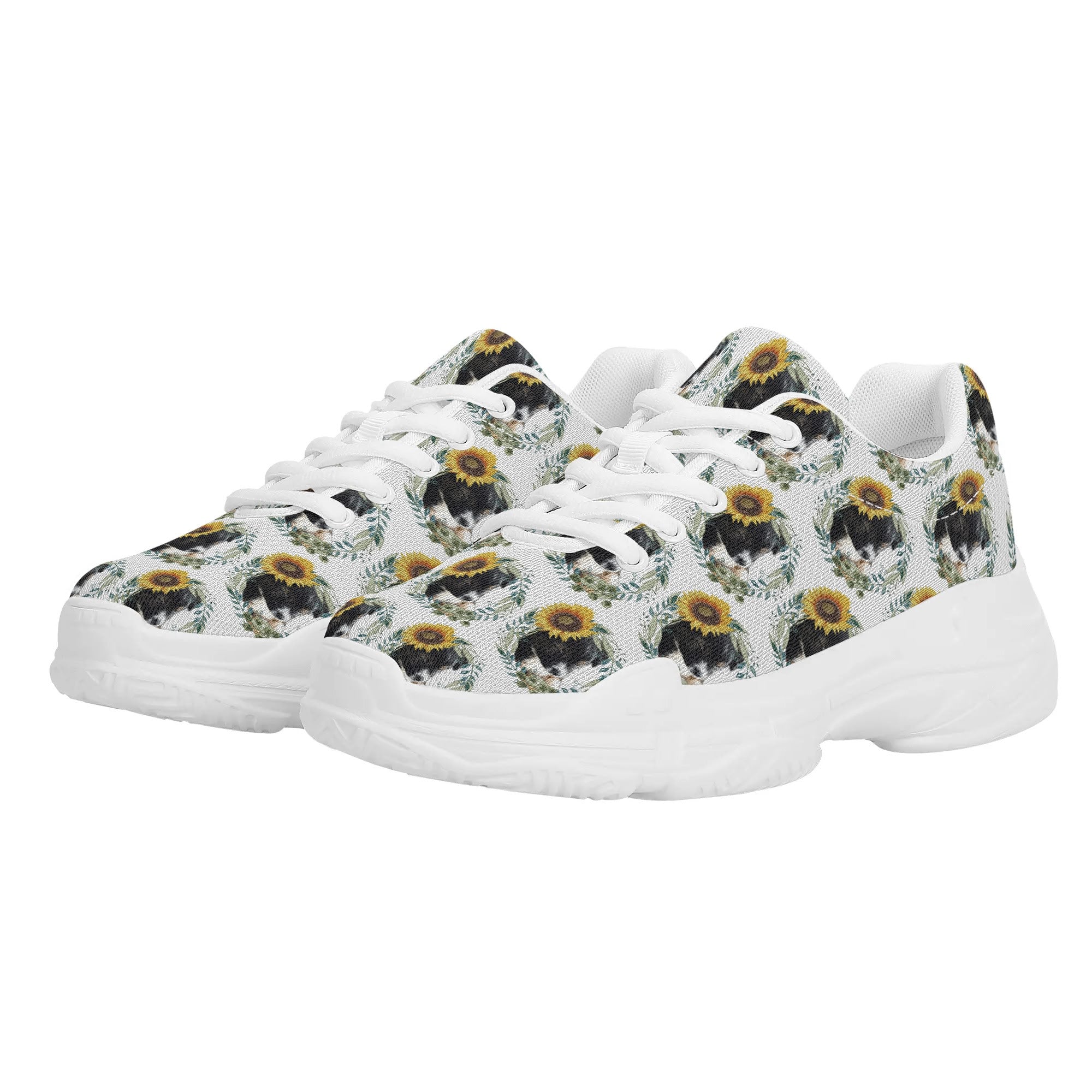 Womens Cute Black Puppy with Sunflowers Chunky Sneakers