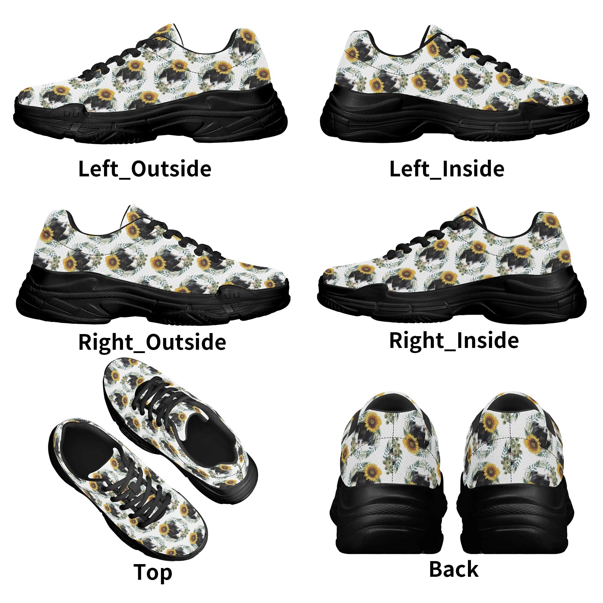 Womens Cute Black Puppy with Sunflowers Chunky Sneakers