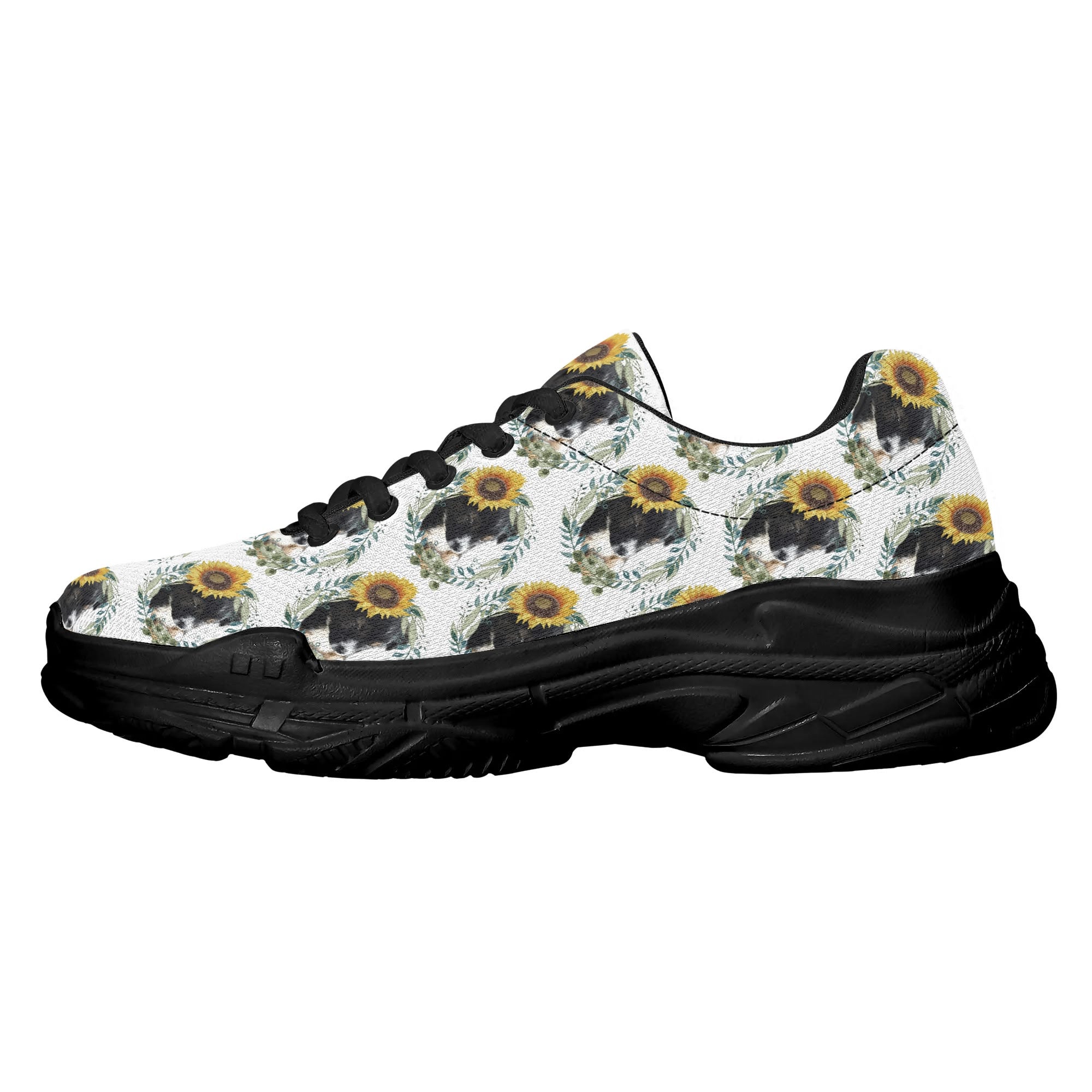 Womens Cute Black Puppy with Sunflowers Chunky Sneakers