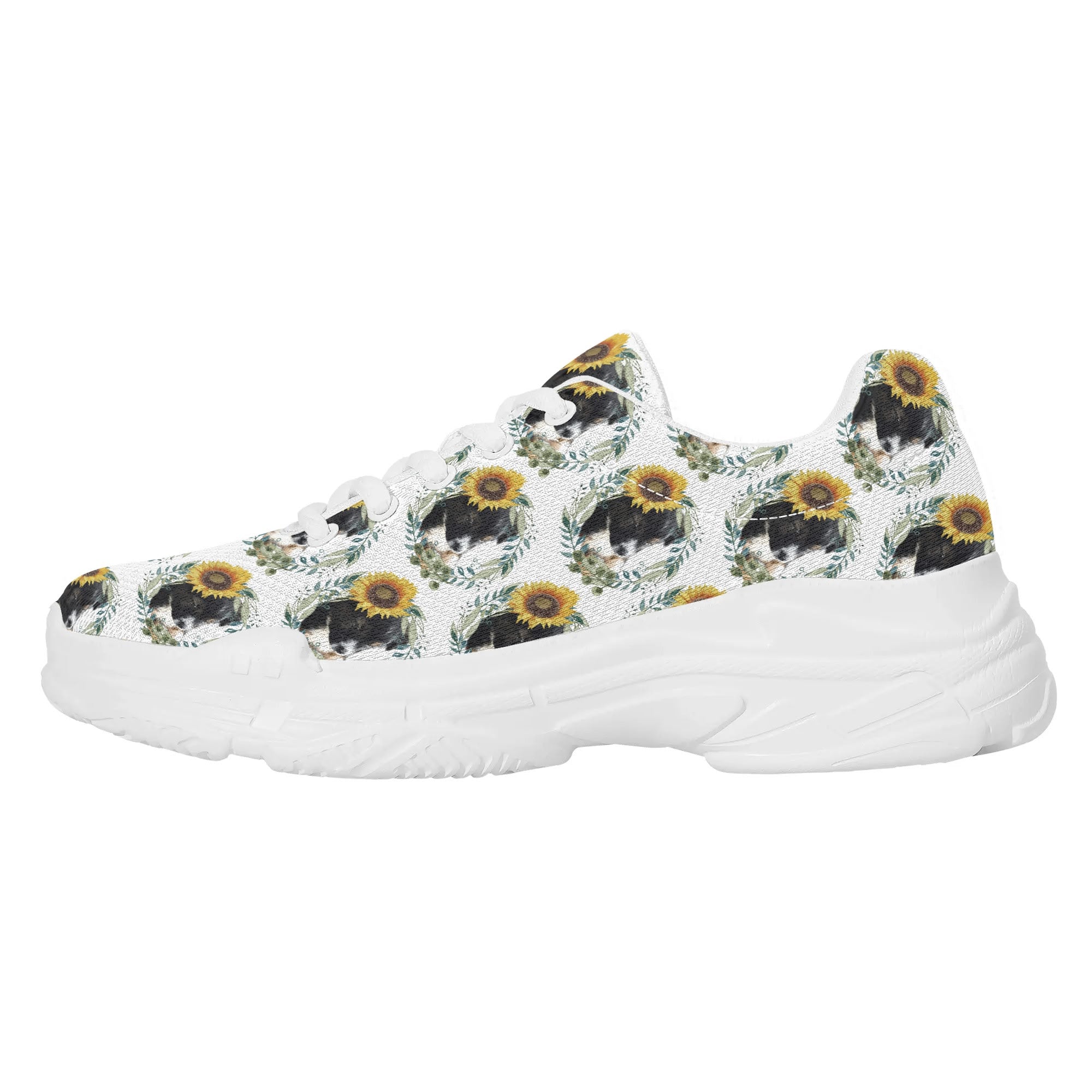 Womens Cute Black Puppy with Sunflowers Chunky Sneakers