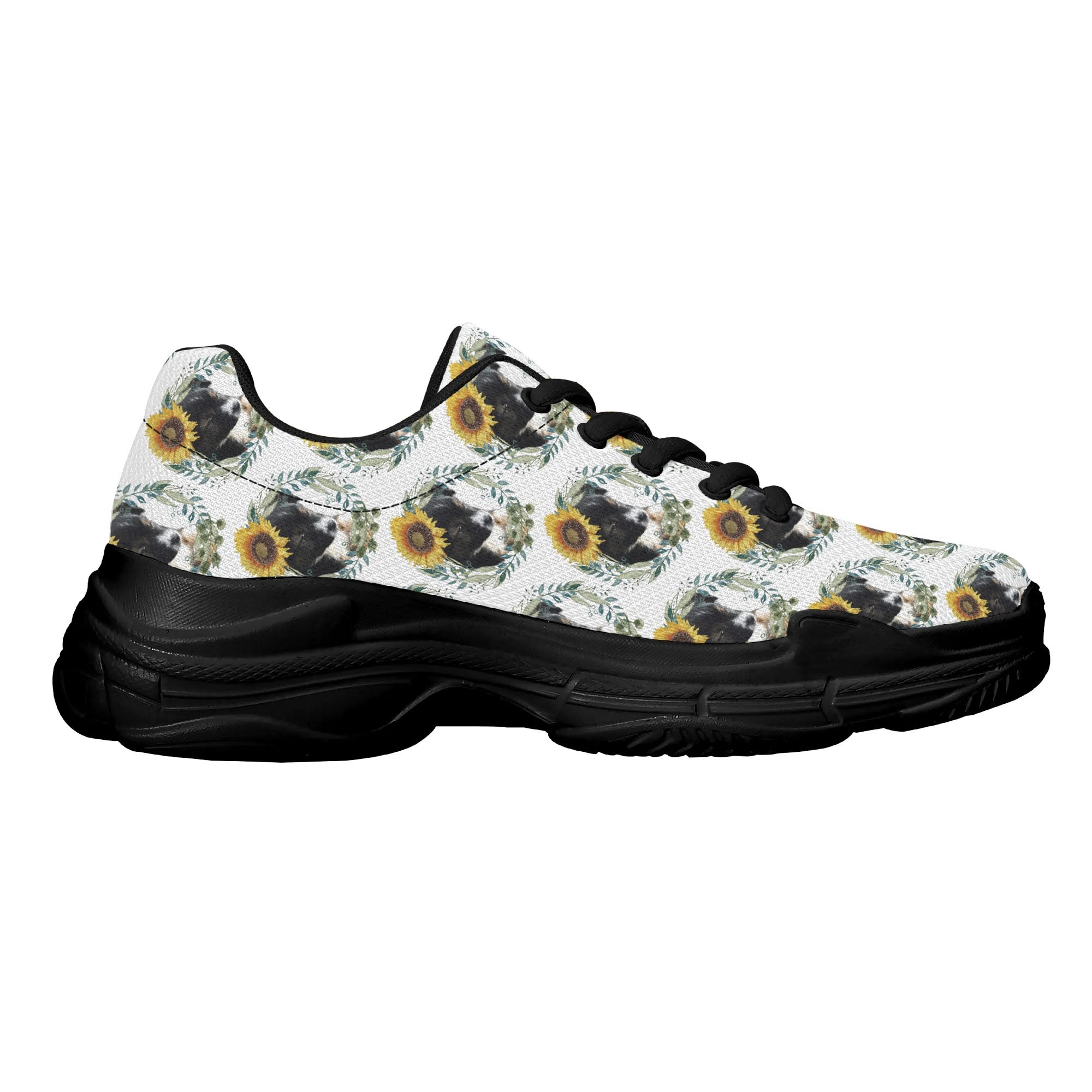 Womens Cute Black Puppy with Sunflowers Chunky Sneakers