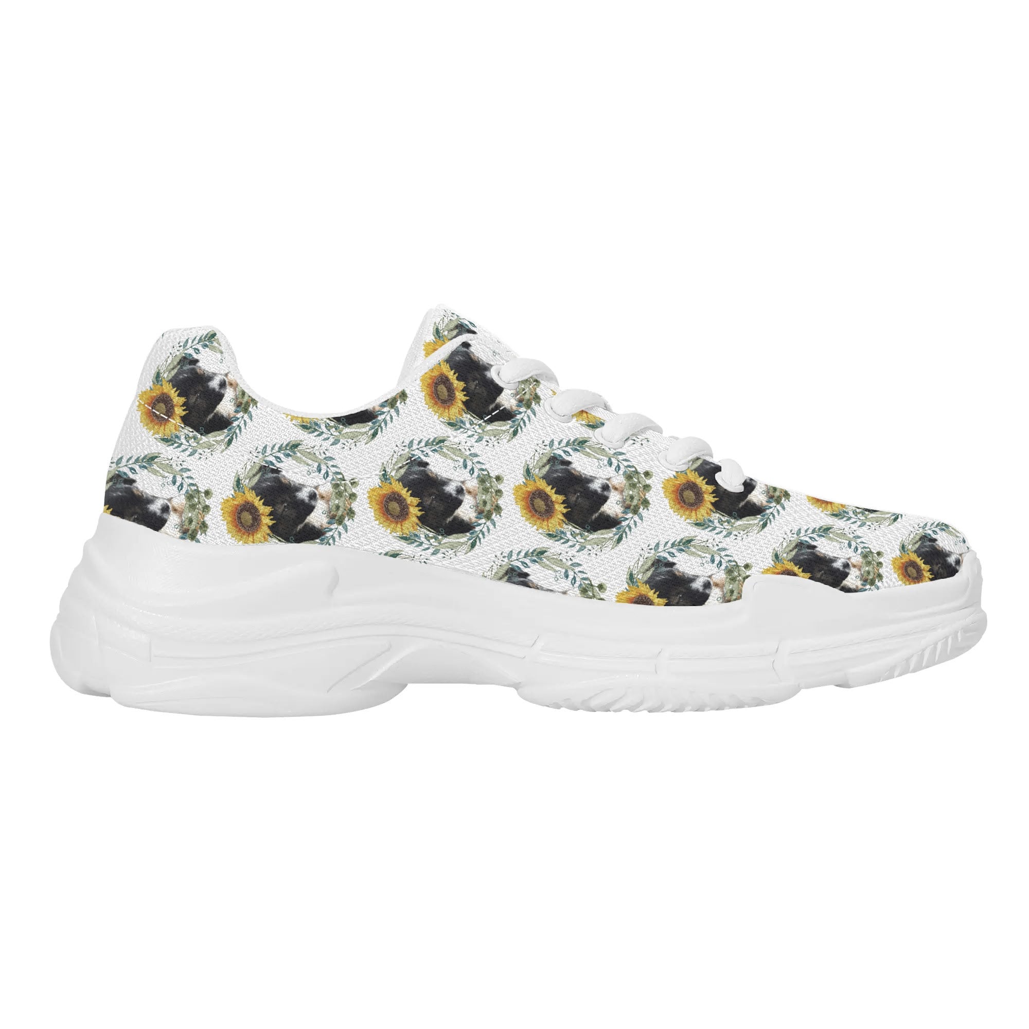 Womens Cute Black Puppy with Sunflowers Chunky Sneakers