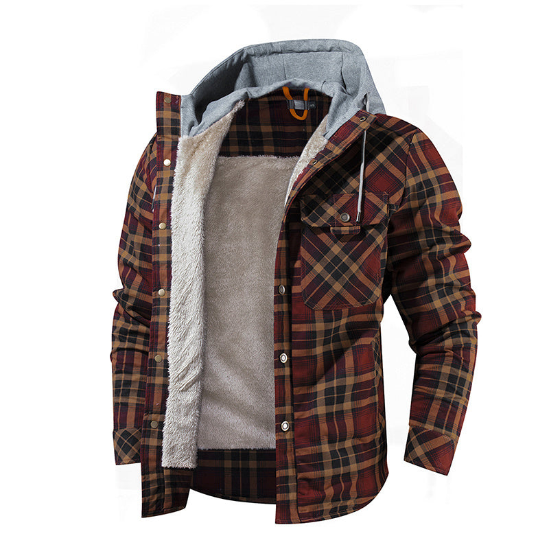 Men's Warm Fleece Lining Plaid Hooded Jacket