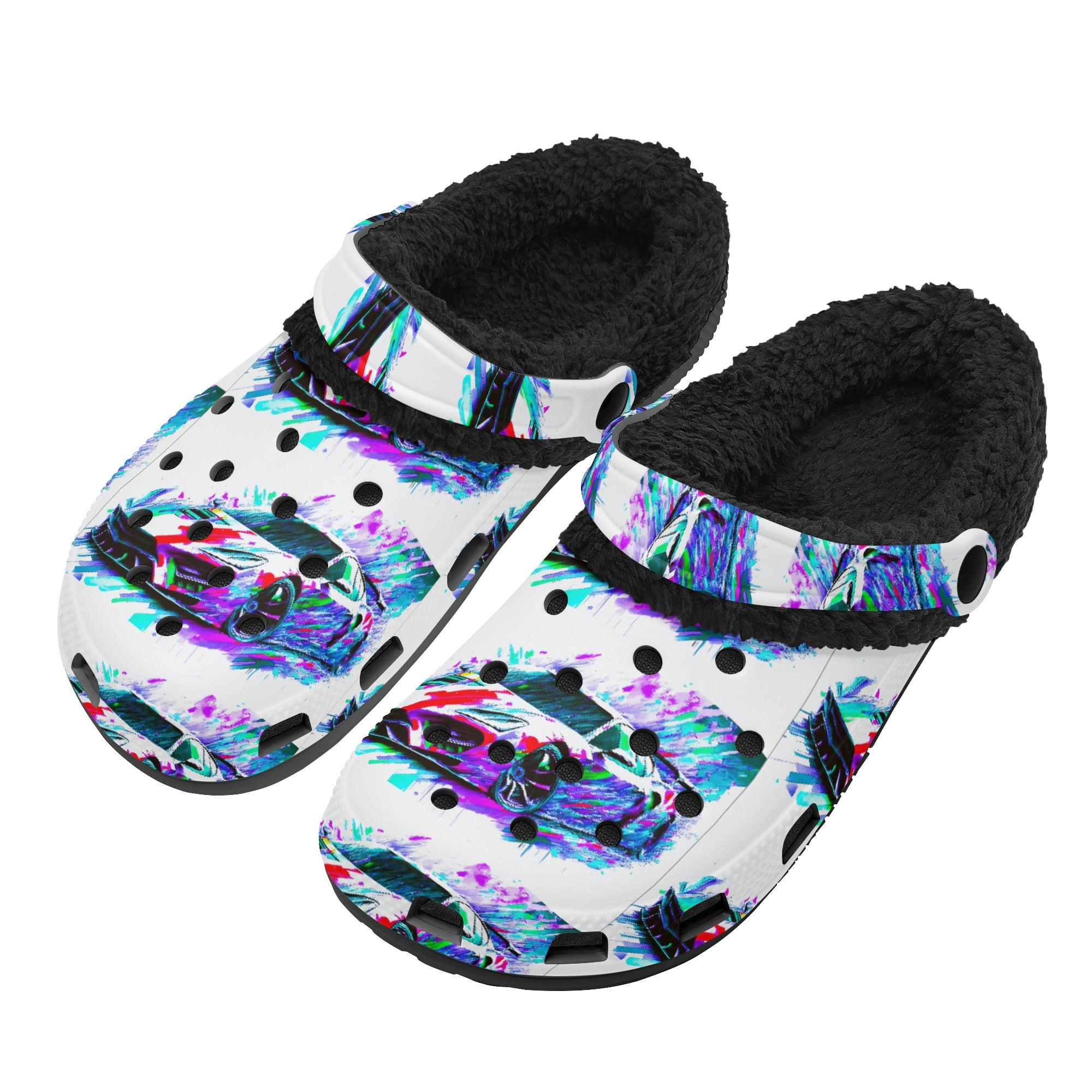 Men's Flashy Sports Car Black Fur Lined Warm House Slippers Clogs