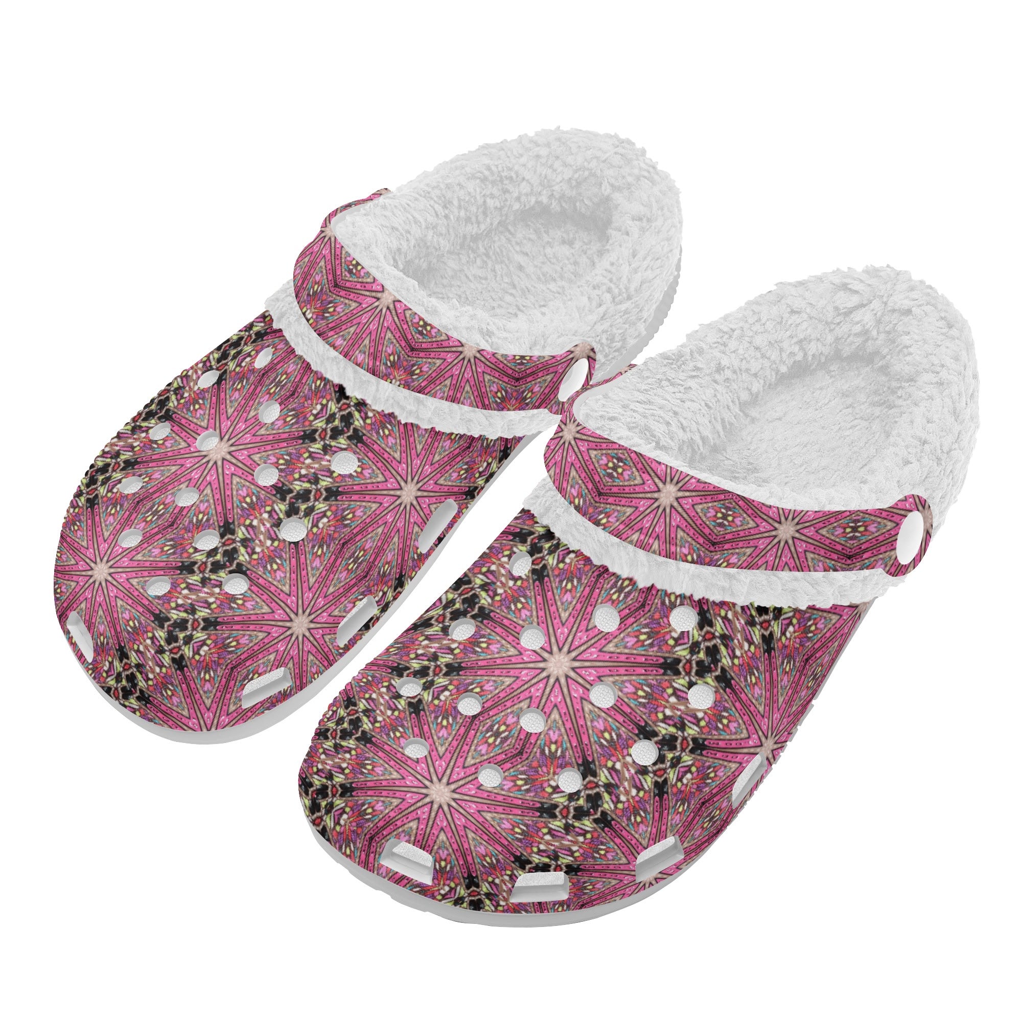 Women's Pink Star Design Fur Lined White Warm House Slippers Clogs