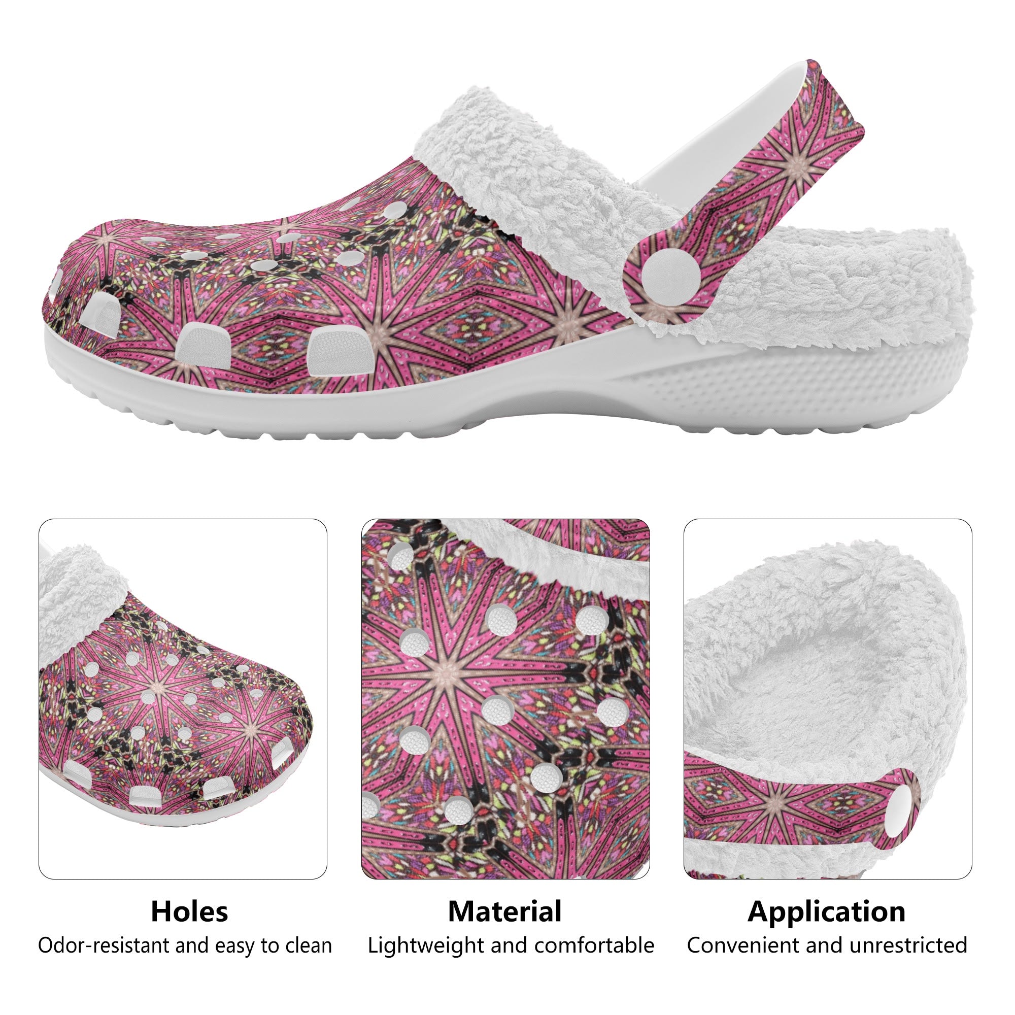 Women's Pink Star Design Fur Lined White Warm House Slippers Clogs