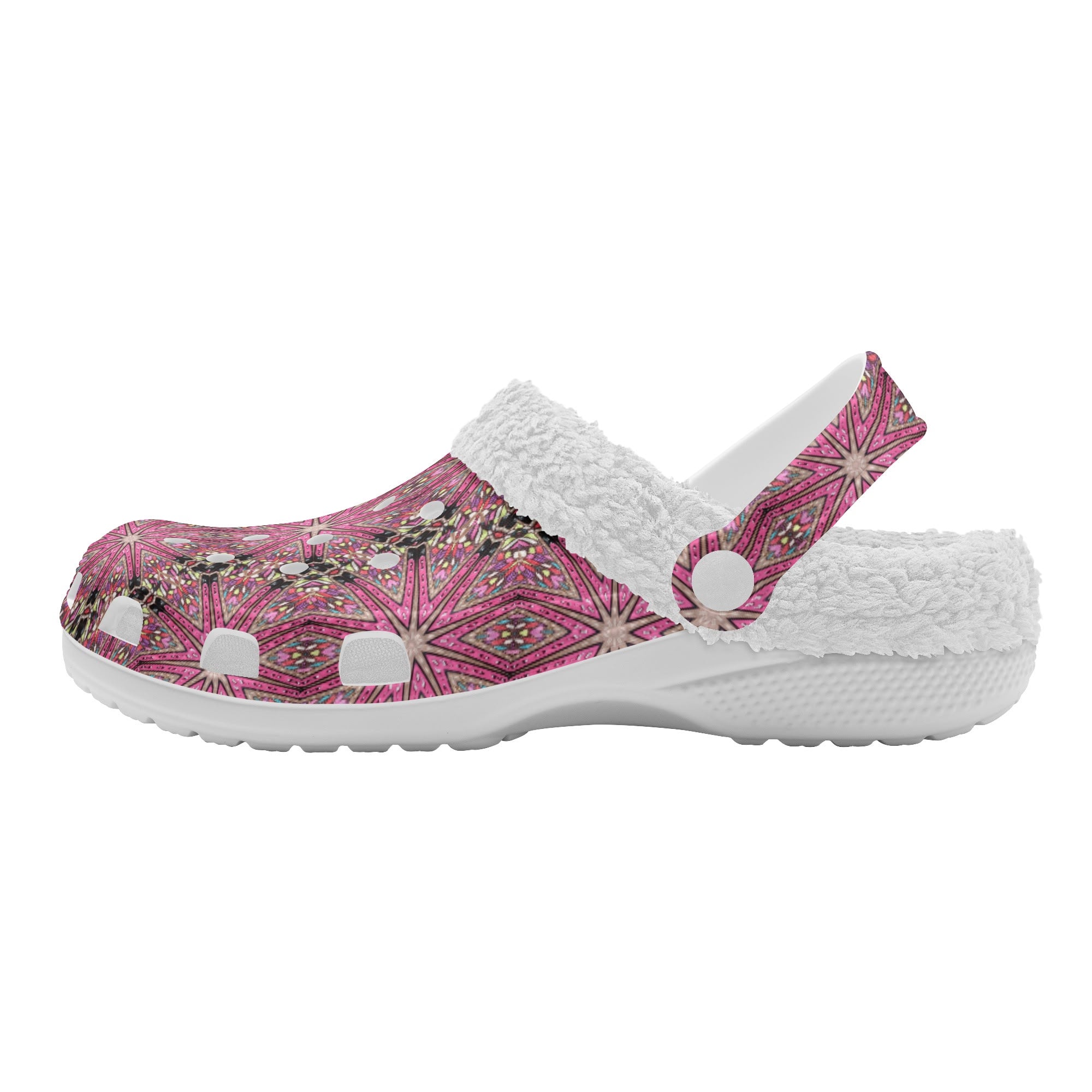 Women's Pink Star Design Fur Lined White Warm House Slippers Clogs