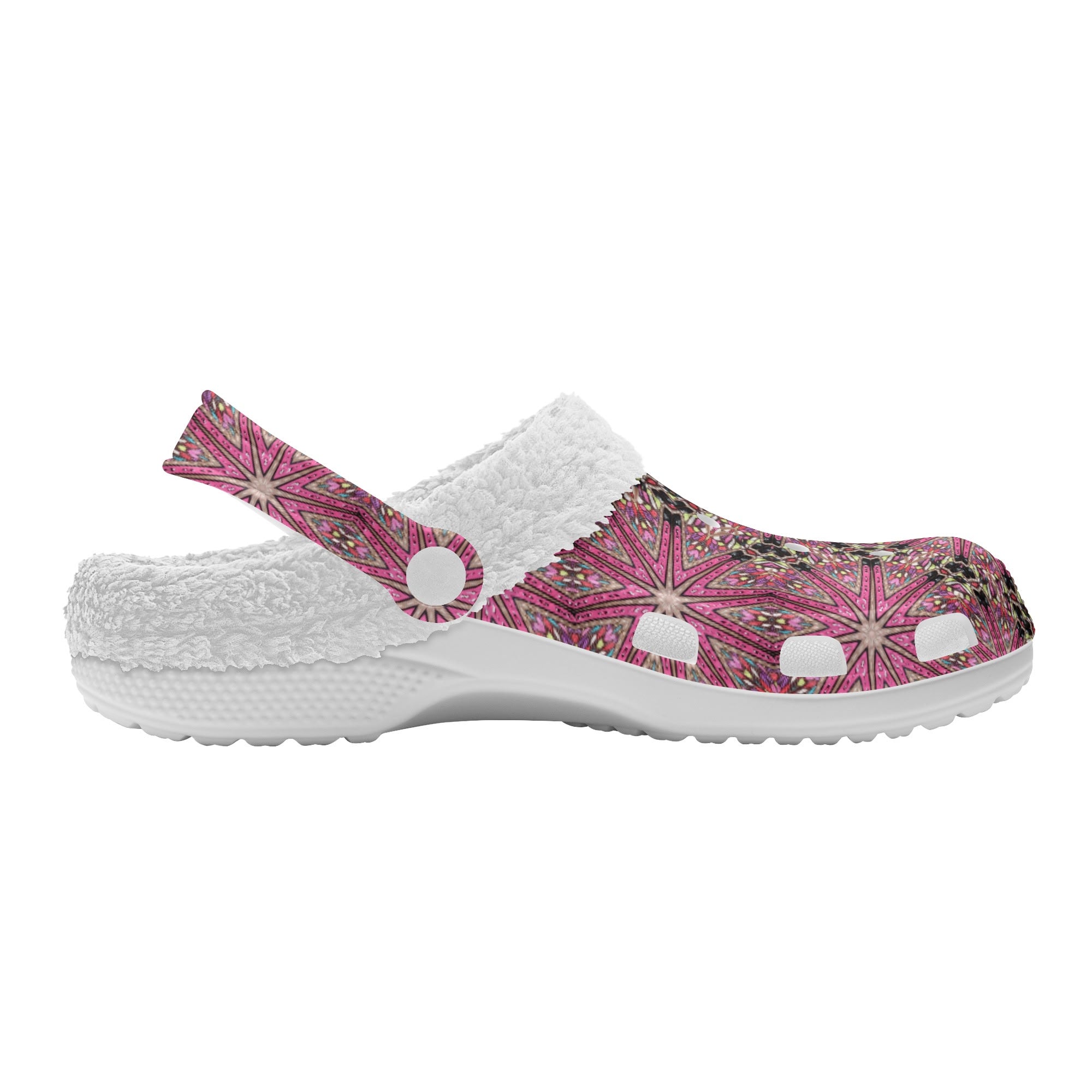 Women's Pink Star Design Fur Lined White Warm House Slippers Clogs