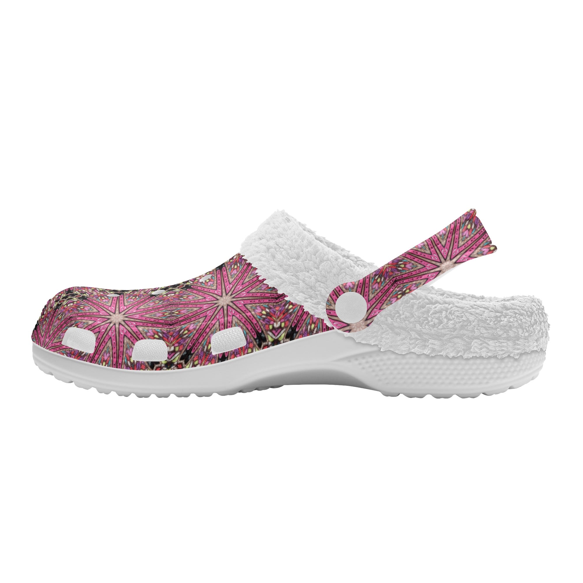 Women's Pink Star Design Fur Lined White Warm House Slippers Clogs