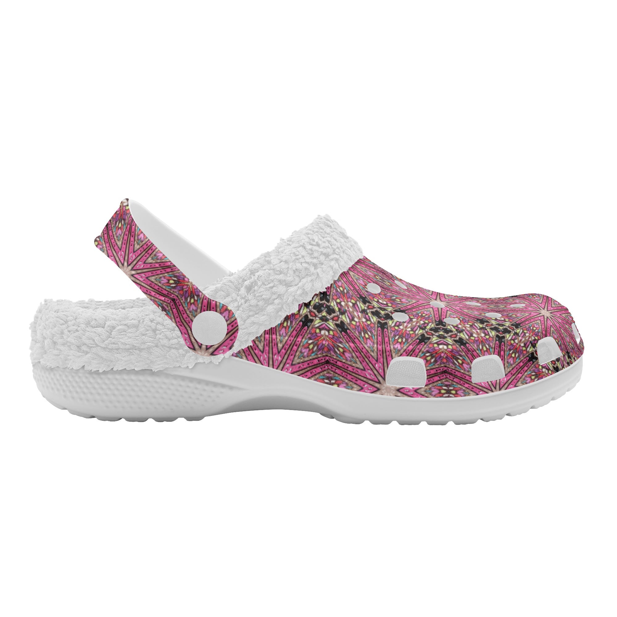 Women's Pink Star Design Fur Lined White Warm House Slippers Clogs