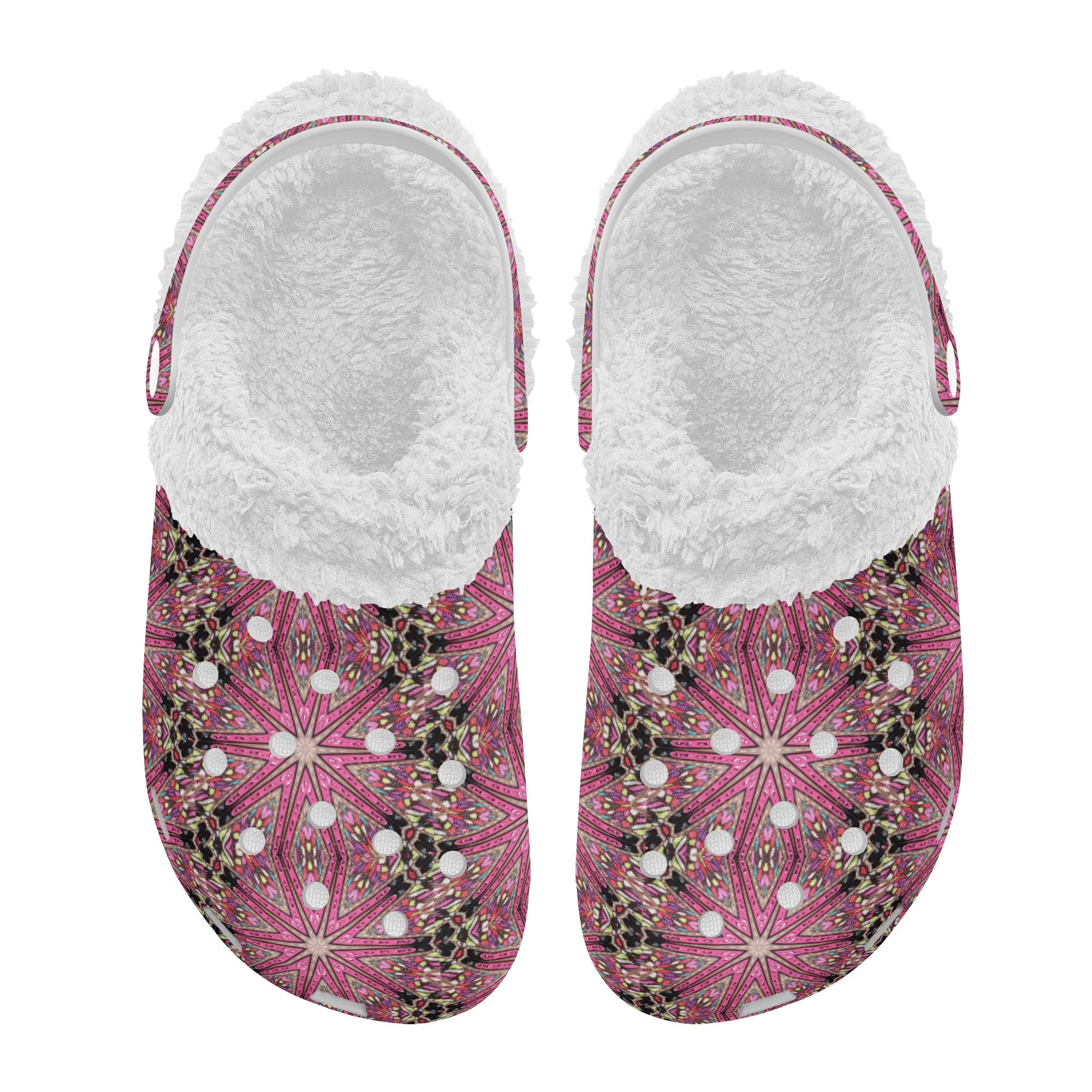 Women's Pink Star Design Fur Lined White Warm House Slippers Clogs