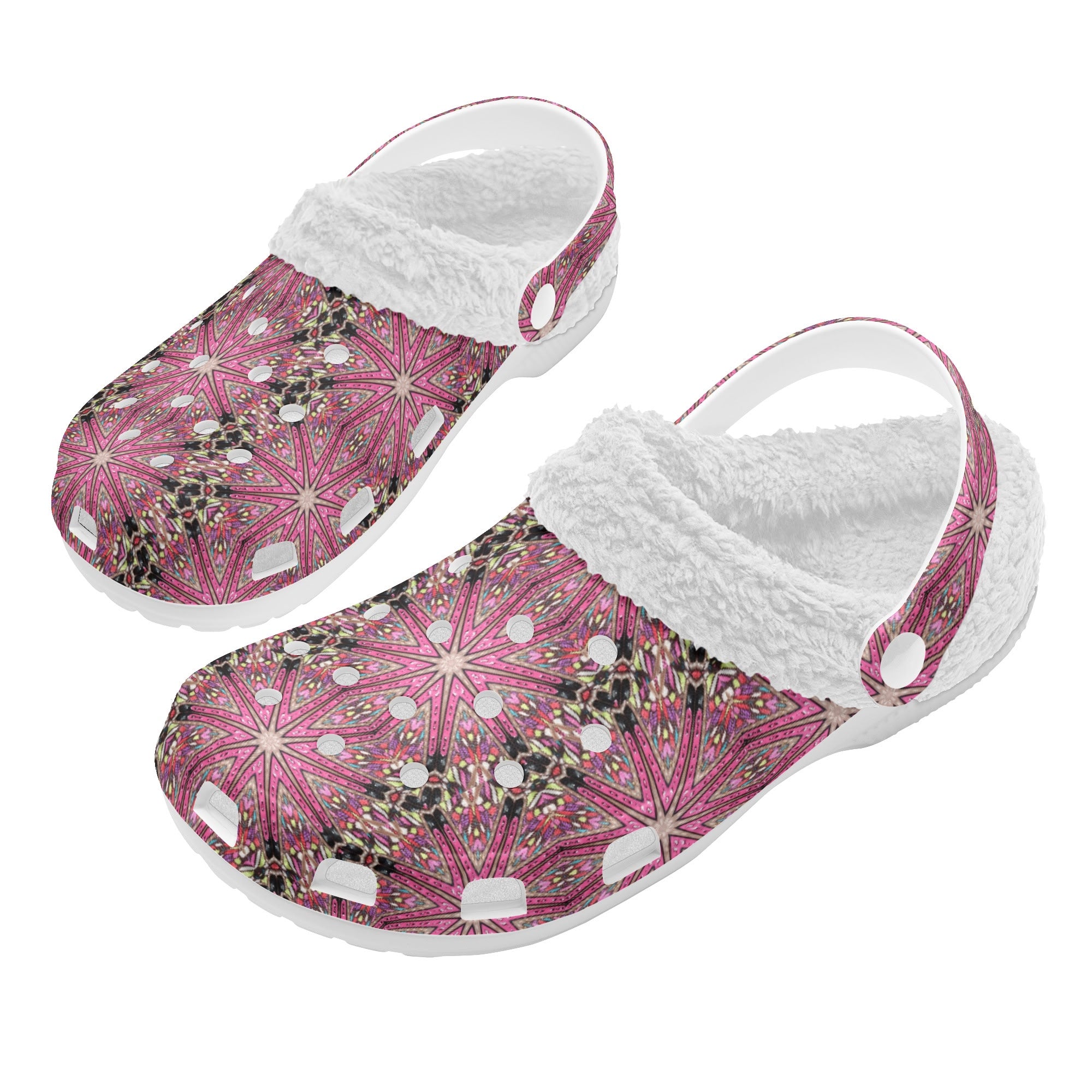 Women's Pink Star Design Fur Lined White Warm House Slippers Clogs